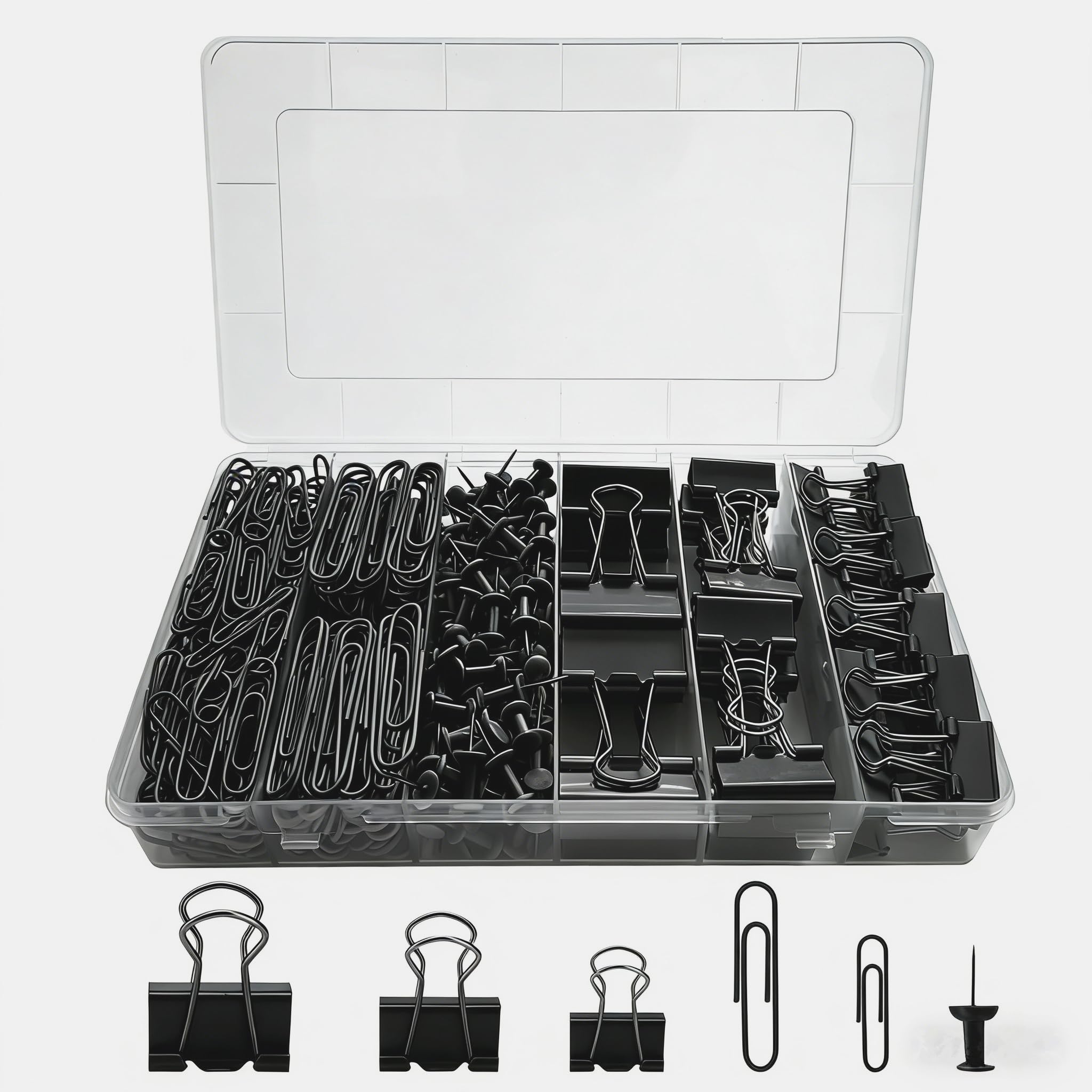 Büroklammern-Set, Binderklammern und Büroklammern, verschiedene Größen, klein, mittel, groß, für Zuhause, Schule, Büro, Zubehör, Schwarz, 282 Stück