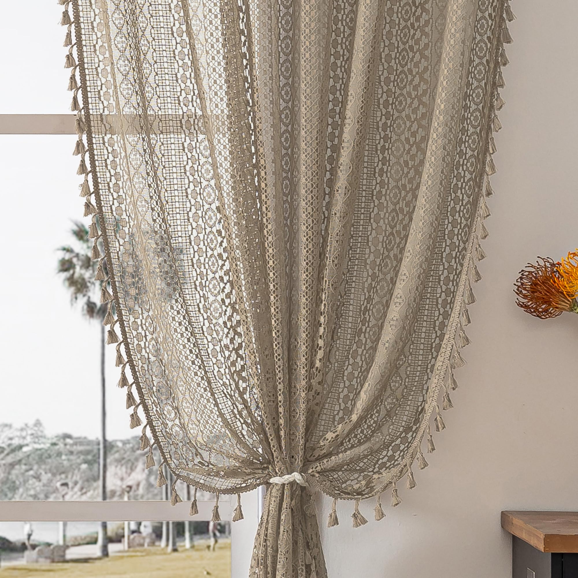 WAZZIO Crochet Boho Cotton Lace Curtains for Bedroom Living Room, Light Filtering Privacy Rod Pocket Sheer Drapes, 84 Inches Long, 2 Panel Set, Taupe — image 1