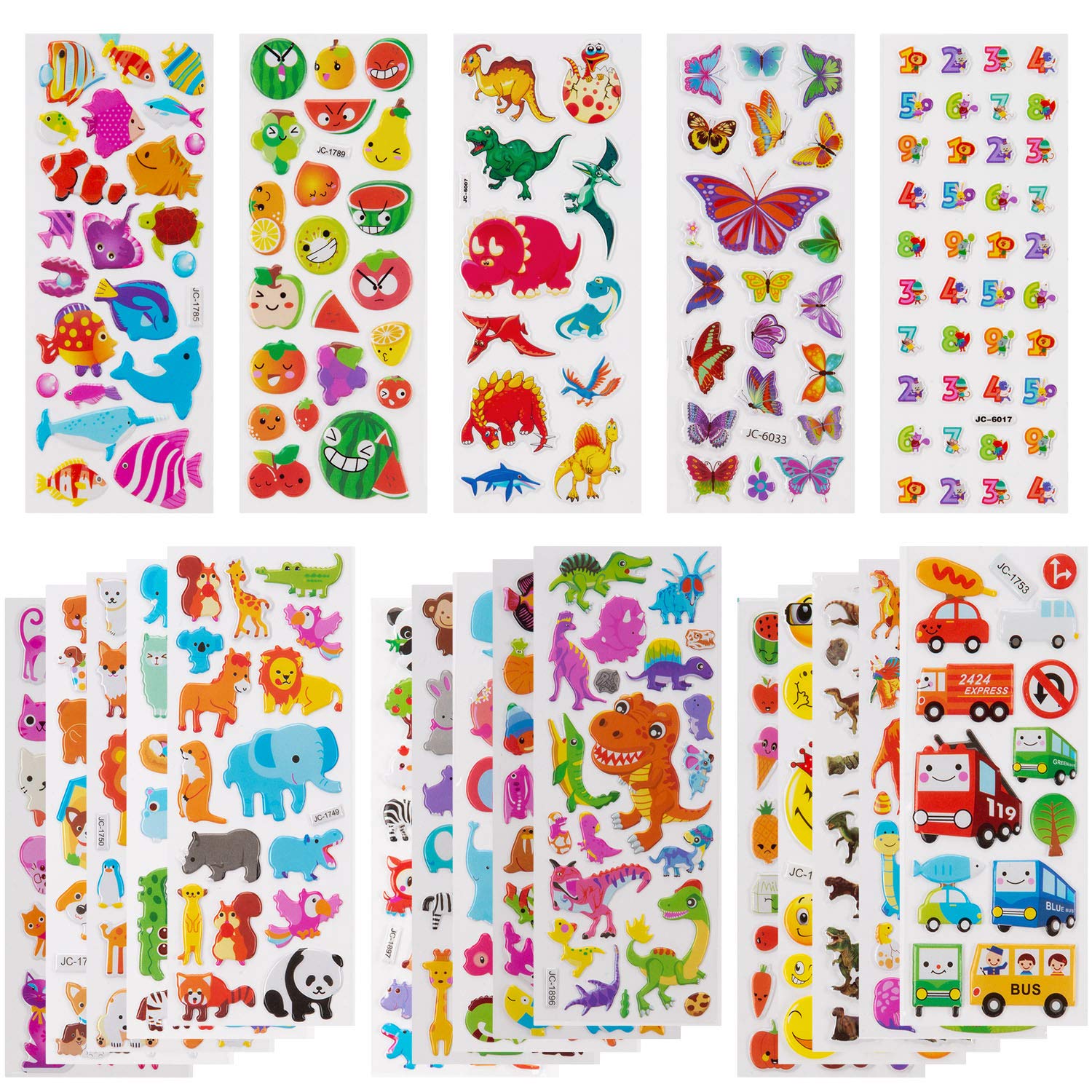 SAVITA Stickers for Kids, 900+ Kids & Toddlers Paquete de 3D Hinchadas Que Incluyen Dinosaurios, Dinosaurios de Dibujos Animados, Animales, Peces, Mariposas, Números, ABC, Frutas, Automóviles