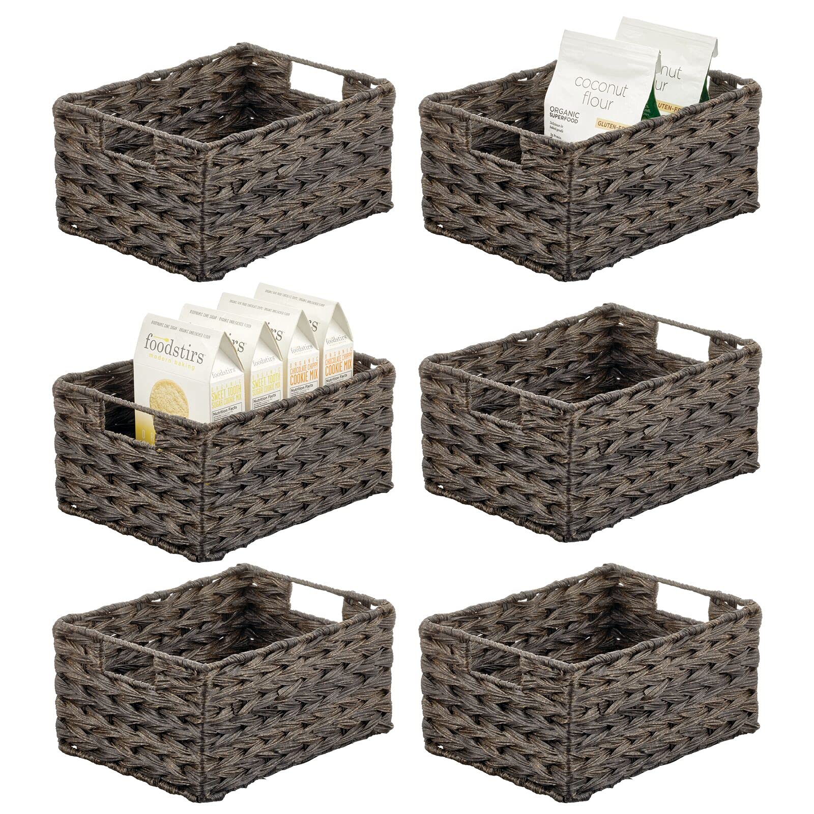 mDesign Woven Farmhouse Kitchen Pantry Food Storage Organizer Basket Box - Container Organization for Cabinets, Cupboards, Shelves, Countertops, Store Potatoes, Onions, Fruit, 6 Pack, Espresso Brown