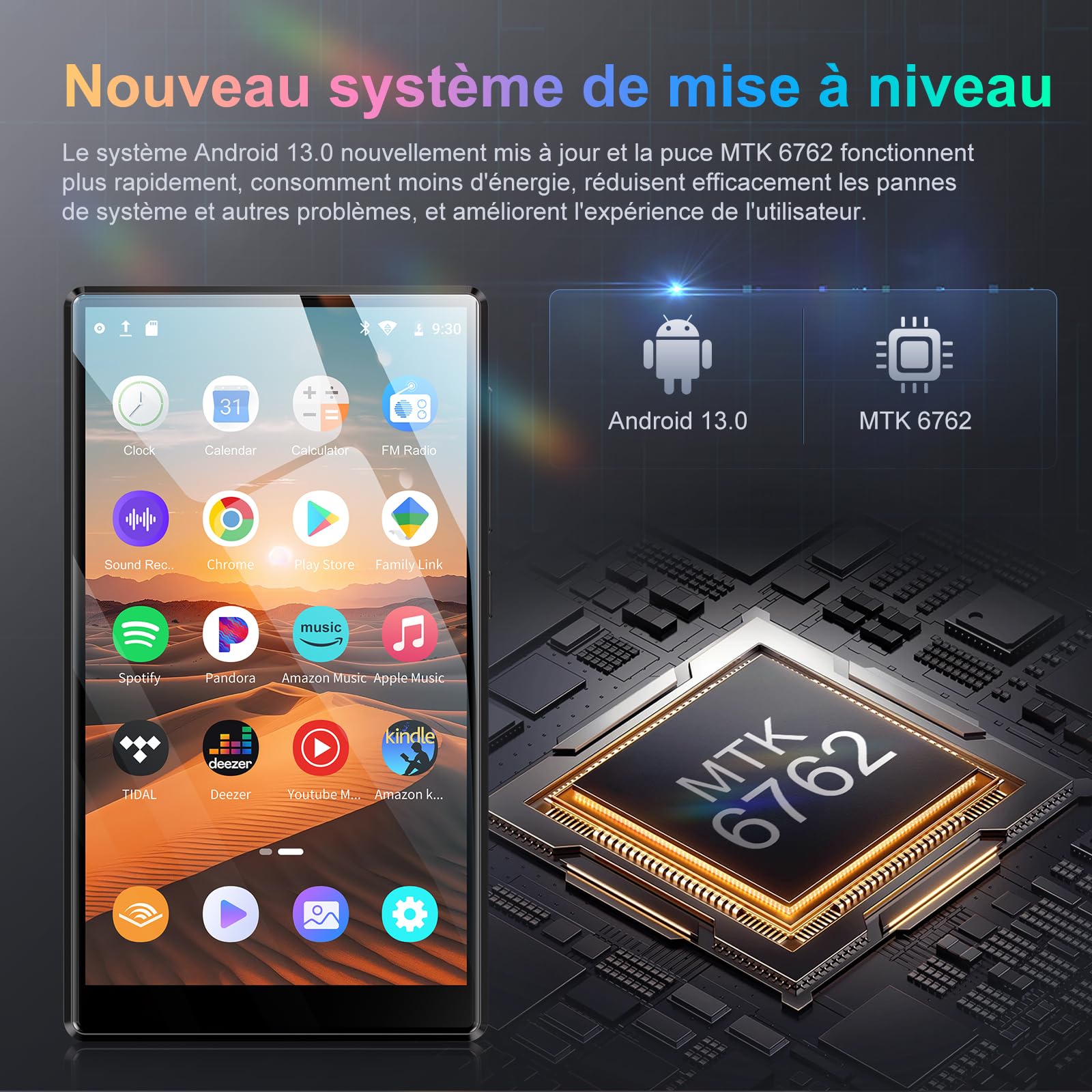 Oilsky 96Go Lecteur MP3 avec WiFi et Bluetooth, écran Tactile de 4,7'' 1280P, Android 13.0, RAM:4 Go, Lecteur MP3 & MP4 avec Spotify, Amazon Music, Play Store (Noir)