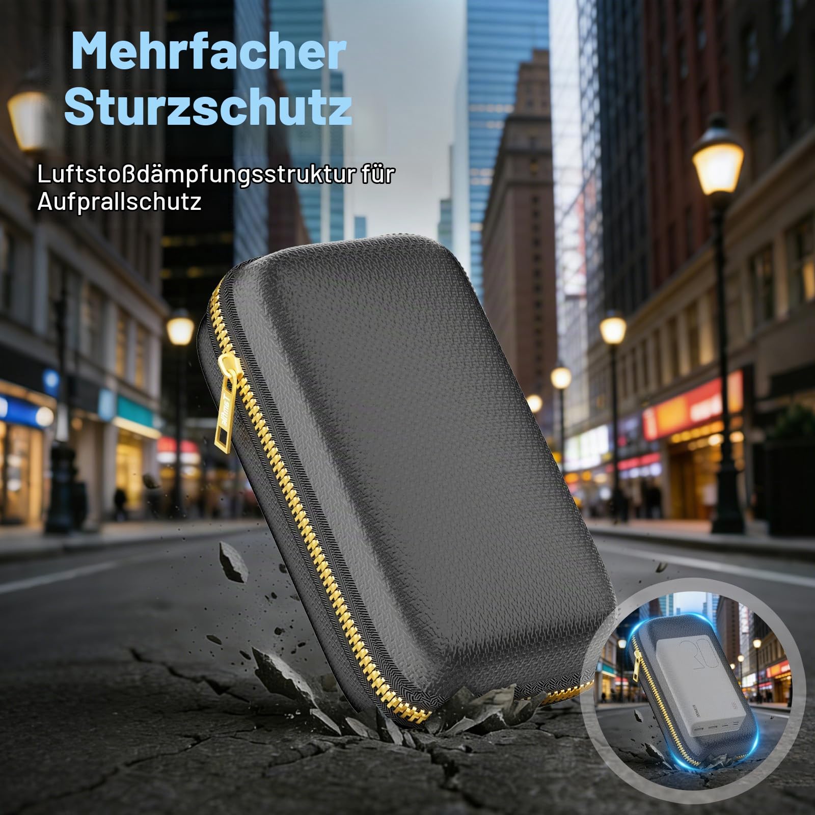 Tamfile Feuerfeste Box für Powerbank, Robuste EVA-Powerbank-Tasche, Schwarz | Feuerfestem Reißverschluss, Tragbare, Explosionsgeschützte, Aufbewahrungsmöglichkeit für Ladegeräte und Festplatte
