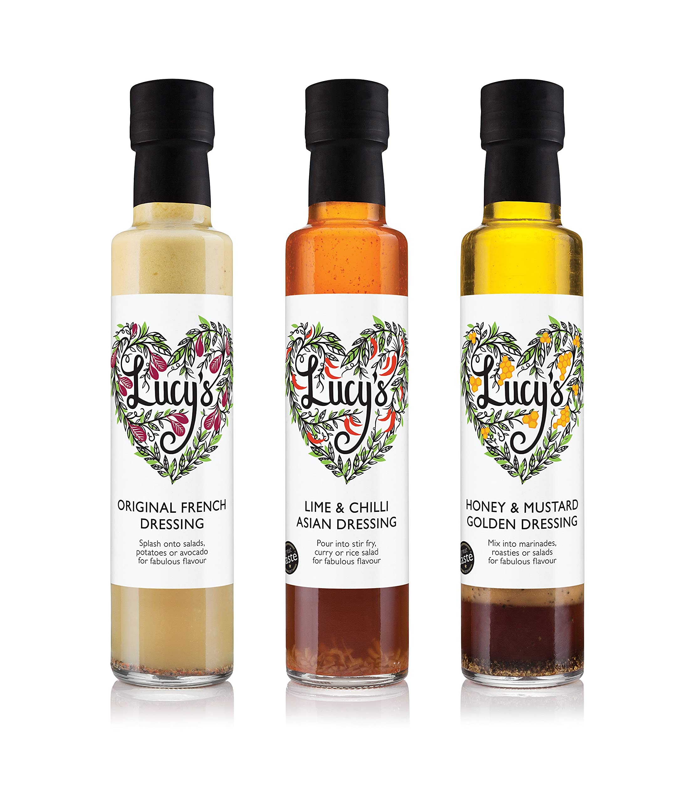 Lucy's Dressings - Great Taste Bundle; Original French Dressing, Lime & Chili Asian Dressing und Honey & Senf Golden Dressing - 3 x 250ml