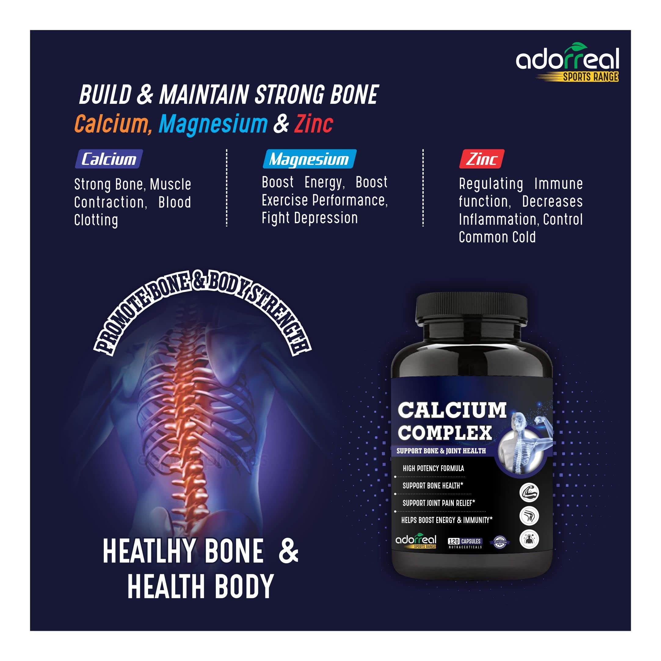 Adorreal Calcium Complex 120 capsules with Magnesium, Vitamin D3 and Zinc| Helps boost energy and immunity 2
