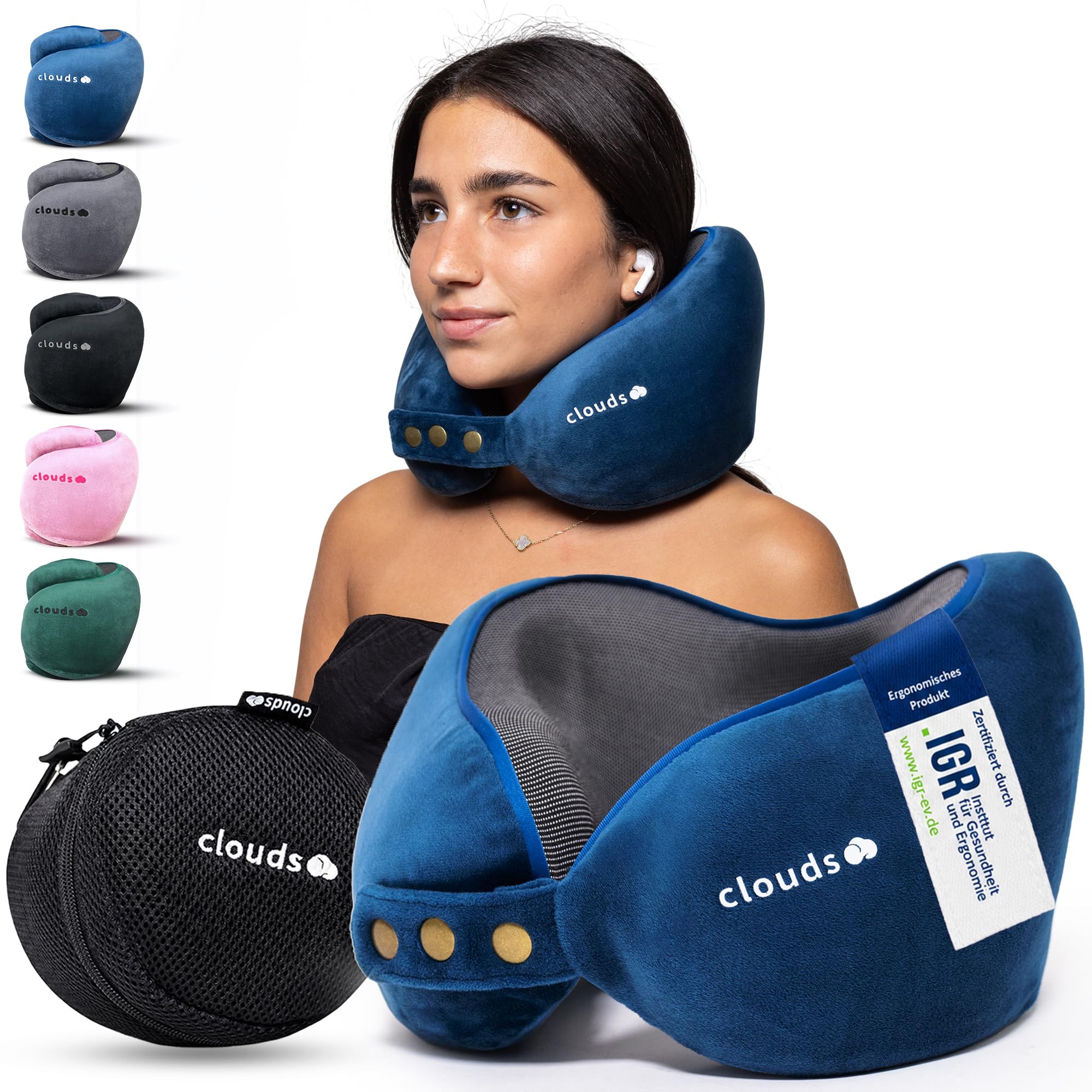 CLOUDS Almohada cervical para avión y coche, almohada de viaje ajustable de espuma viscoelástica en 2 tamaños para adultos, funda transpirable extrasuave, incluye bolsa de transporte (azul, S/M)