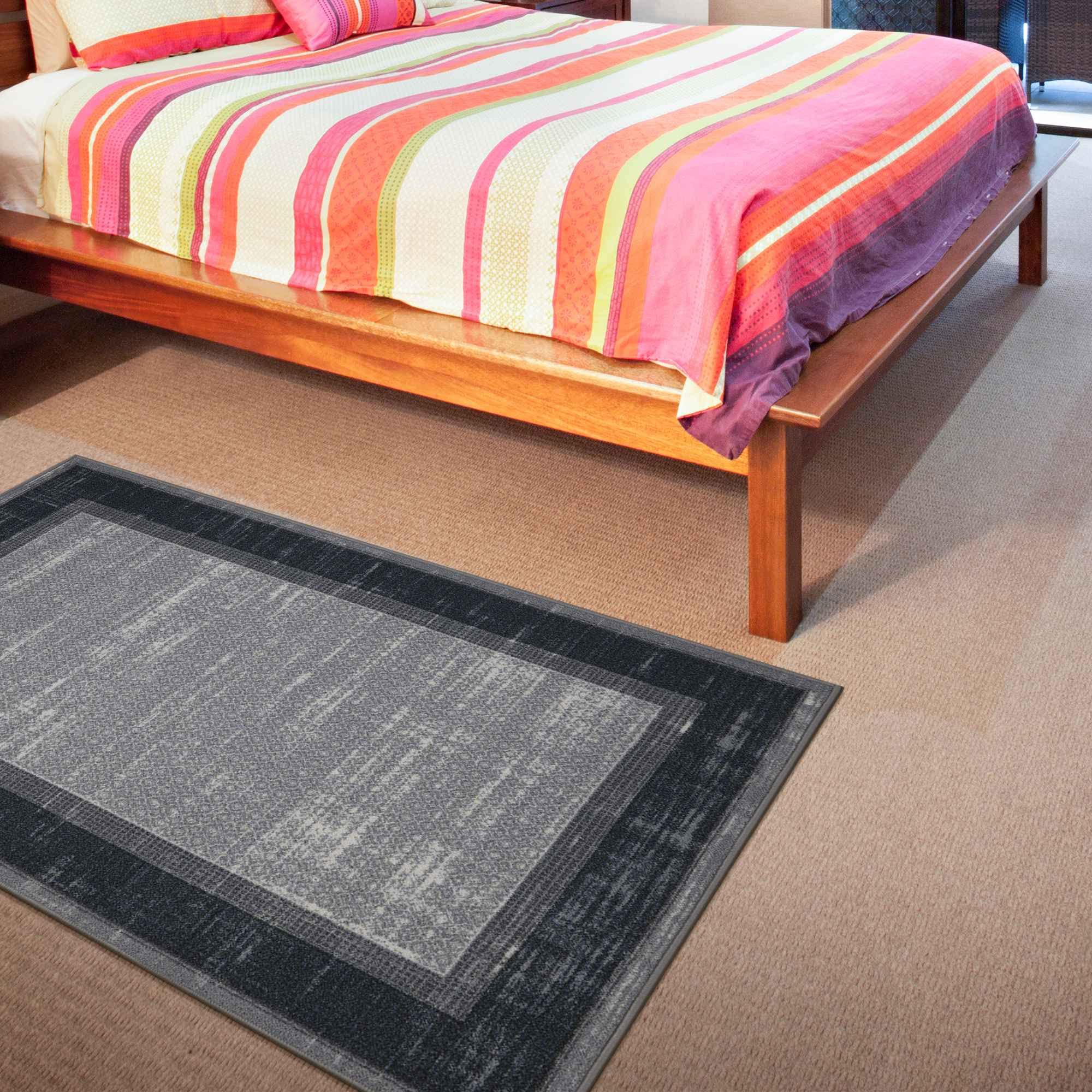 Ottomanson Ottohome Collection Contemporary Bordered Design Non-Slip Rubberback 3x5 Area Rug, 3'3" x 5', Grey/Navy