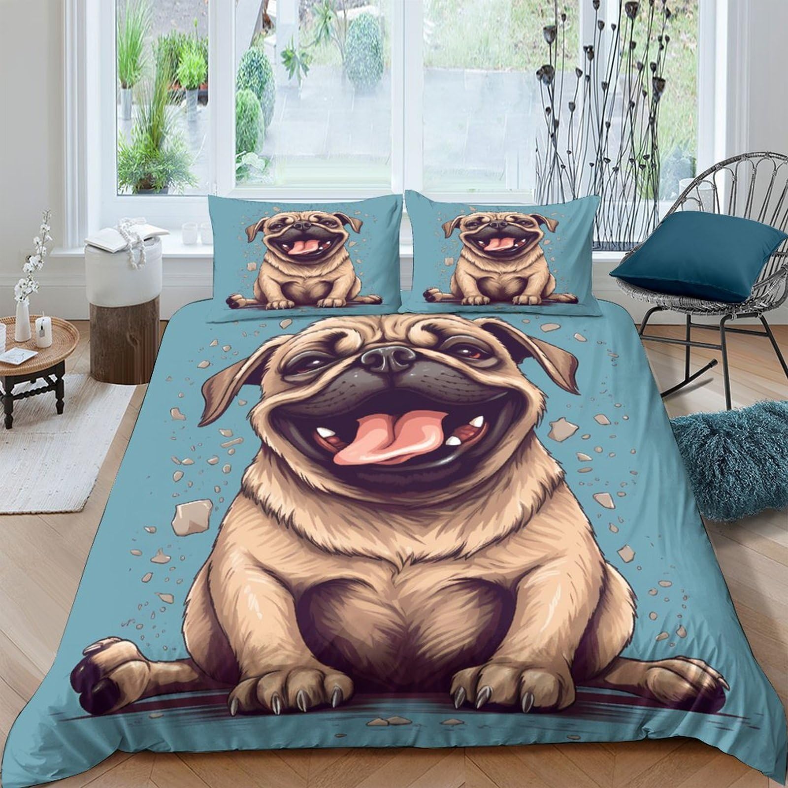Ctjqhvkz Style-6 3D Printed Happy Pug Fitted Sheet Microfiber Soft Blue Cartoon Dog Bed Cover For Bedroom Guest Room Decor Single（135X200cm）