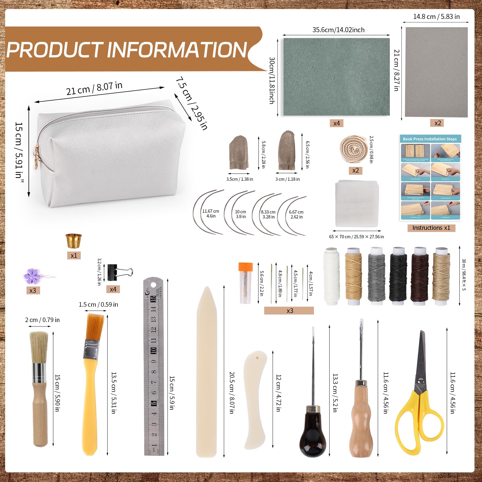 HomdMarket Kits de encuadernación de libros, prensa de libros de madera (11.8 x 7.6 pulgadas), suministros de encuadernación para libros de bricolaje, juego de herramientas de inicio con bolsa de