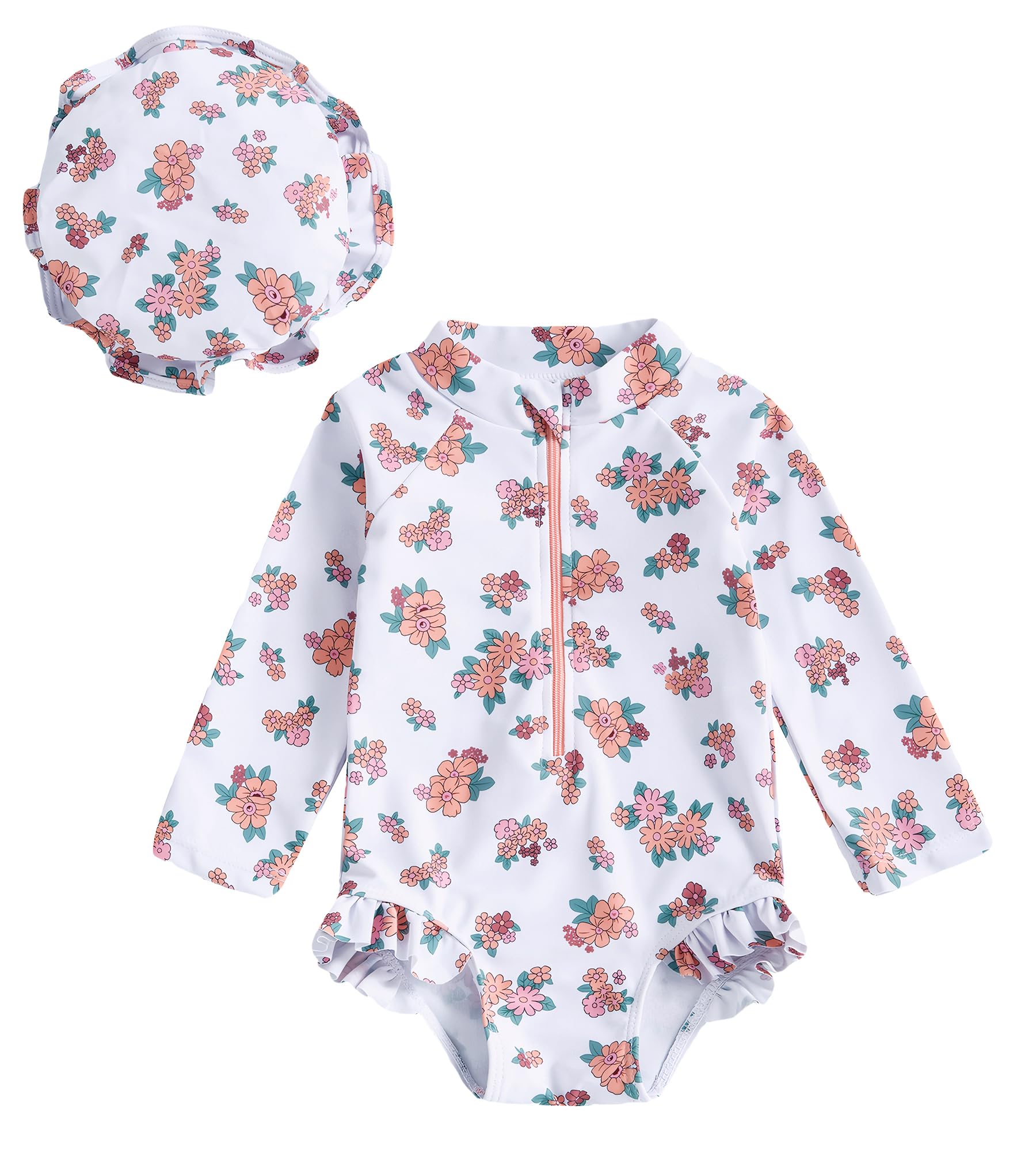 Happy Cherry Maillot de Bain Une Pièce Bébé Fille 0-3 Ans Rashguard Anti-UV à Manches Longues avec Chapeau à Volant Imprimé Floral