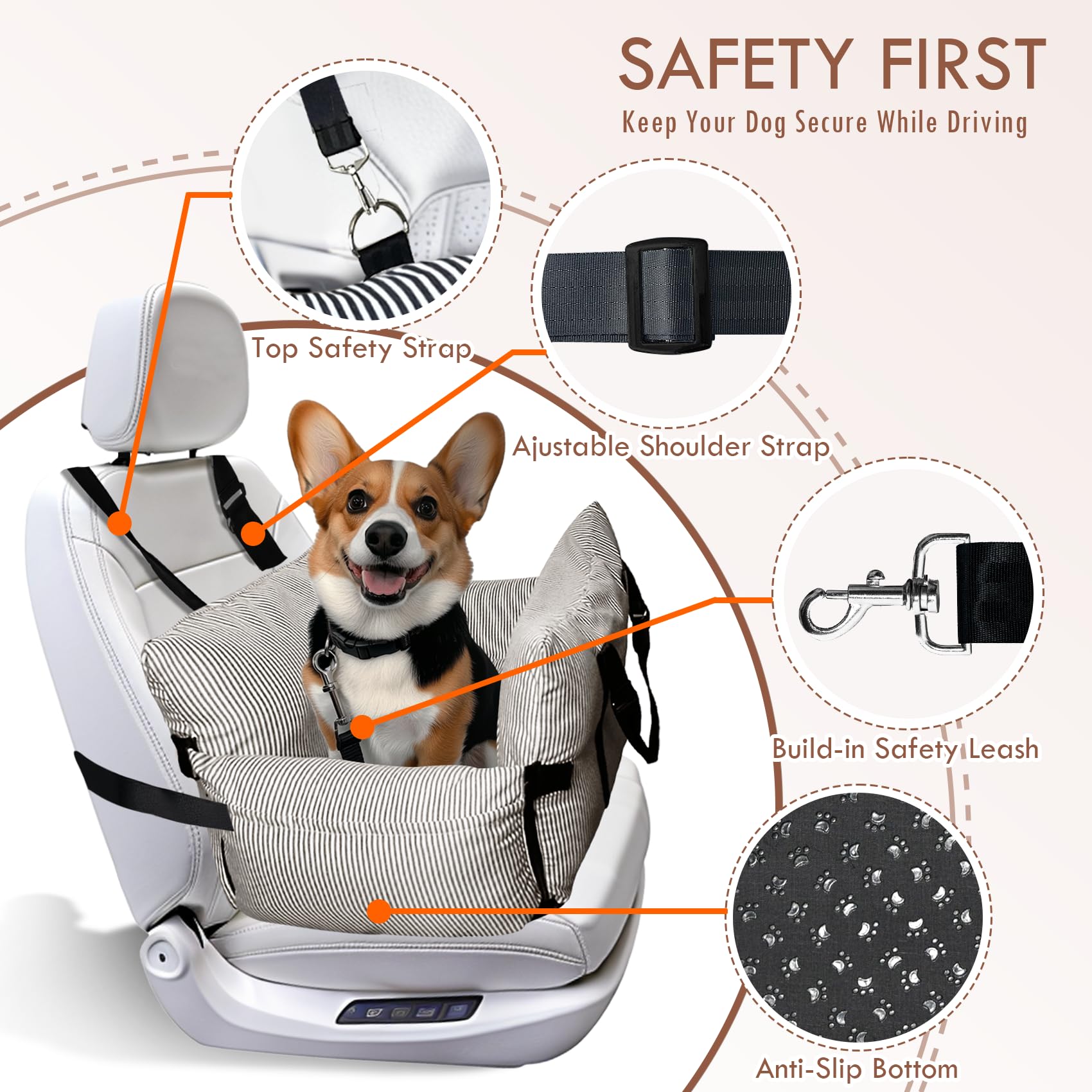 Hundesitz Auto für Kleine/Mittlere Hunde unter 18 kg, Tragbares Autositz Hund mit Sicherheitsgurt und Aufbewahrungstaschen, Waschbarer Hund Booster Autositz, Anti-Rutsch-Boden (Braun, 76 x 52 cm)