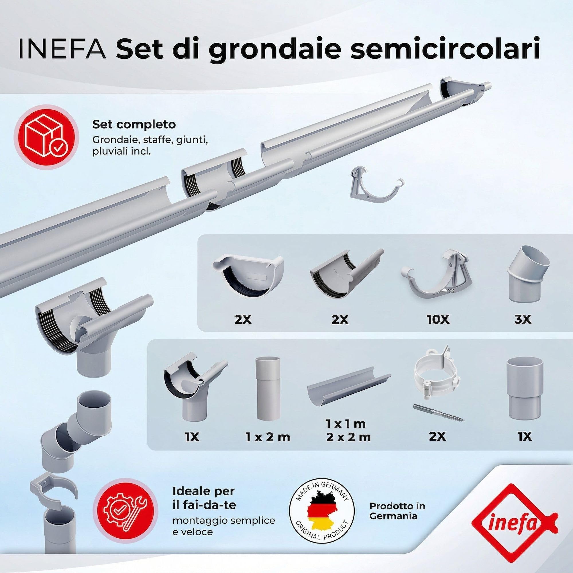 INEFA set grondaia PVC NW125 / 125 mm semicircolare bianco 5 m – kit grondaia e pluviale DN100 per casetta da giardino e carport