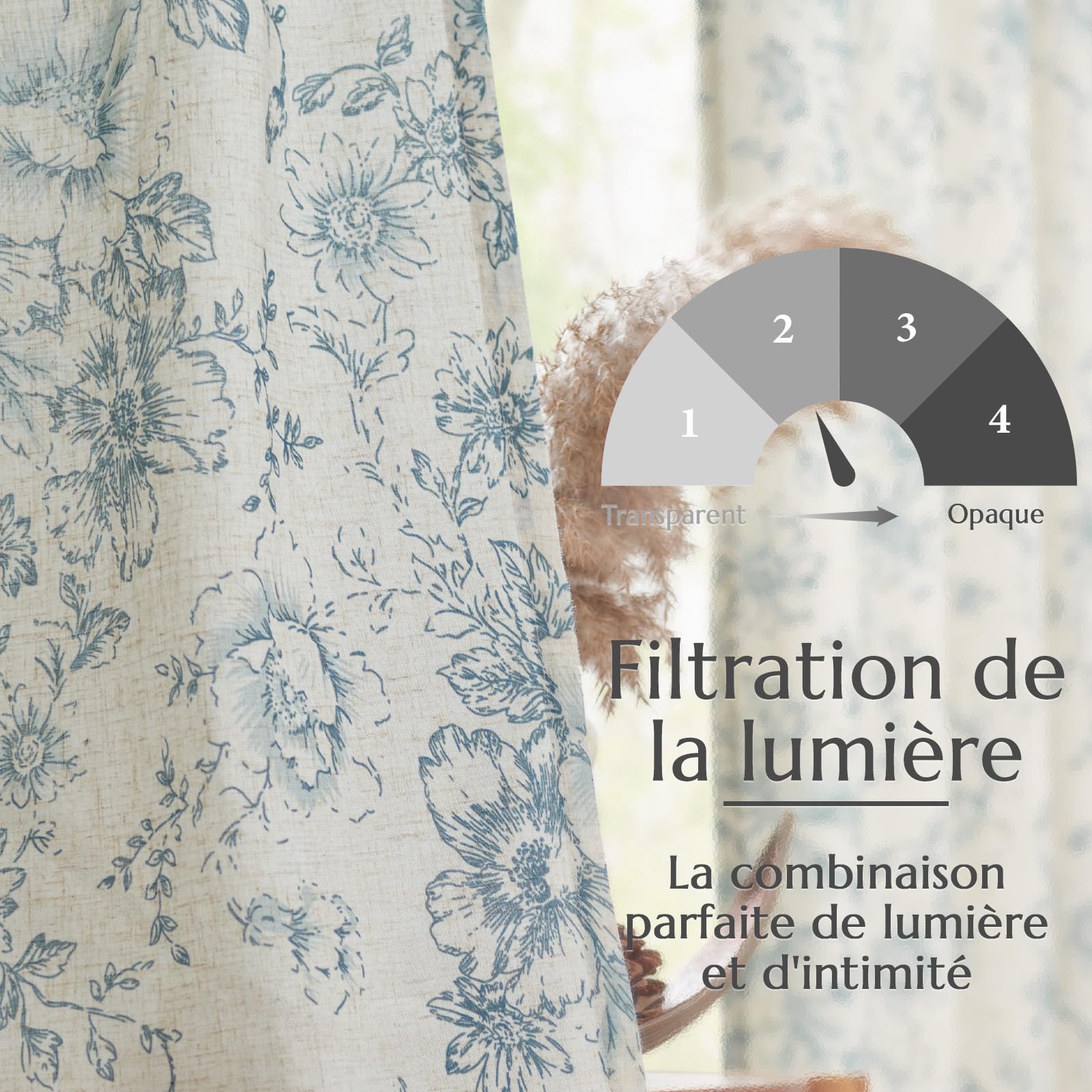 TOPICK Tende in lino con nastro arricciato, traslucide, per soggiorno, camera da letto, finestra, set da 2 pezzi, 140 x 245 cm (larghezza x altezza), blu su beige