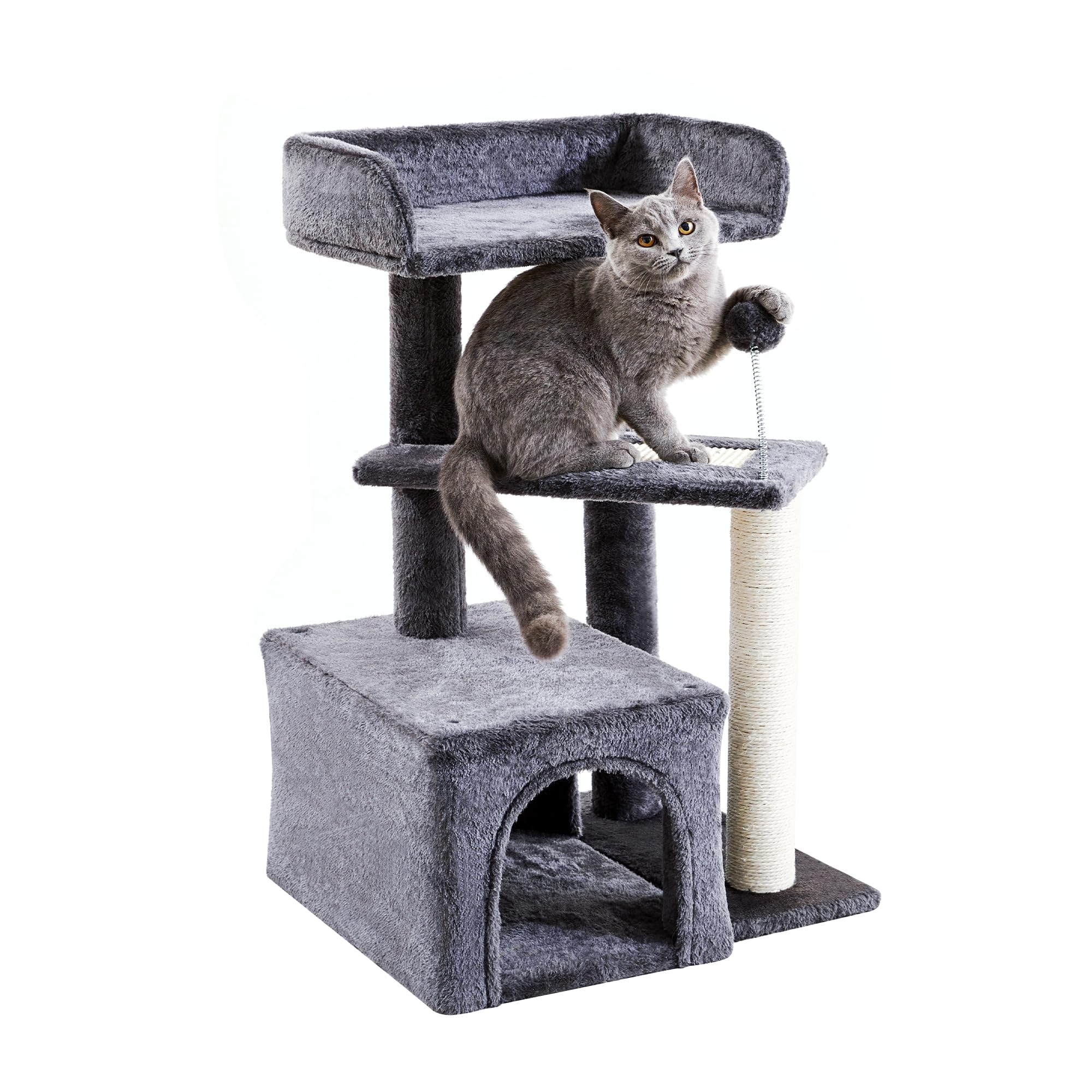 Made4Pets Cat Tree, 4-Level Small Cat Tower for Indoor Cats, 30" Tall Cute Kitten Scratcher Condo with Sisal Scratching Post and Pad Steps, Plush Cat Cave with Pom-Pom for Small Kitty, Dark Grey