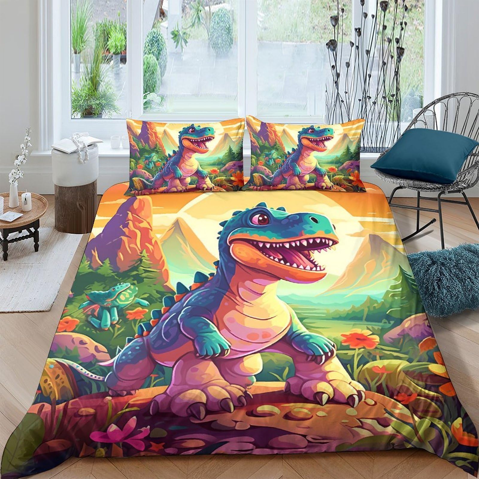 P5V6M1Q9 3D Printed Cartoon Dinosaur Duvet Cover Microfiber Soft Breathable Jungle Volcano Bedding Set with 2 Pillowcases for Bedroom Decor Single（135x200cm）