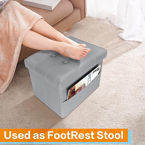 Miniatura 42 de FujDun® Reposapiés otomano plegable de almacenamiento con bolsillo lateral, reposapiés para sofá, asiento otomano de cuero para sala de estar,