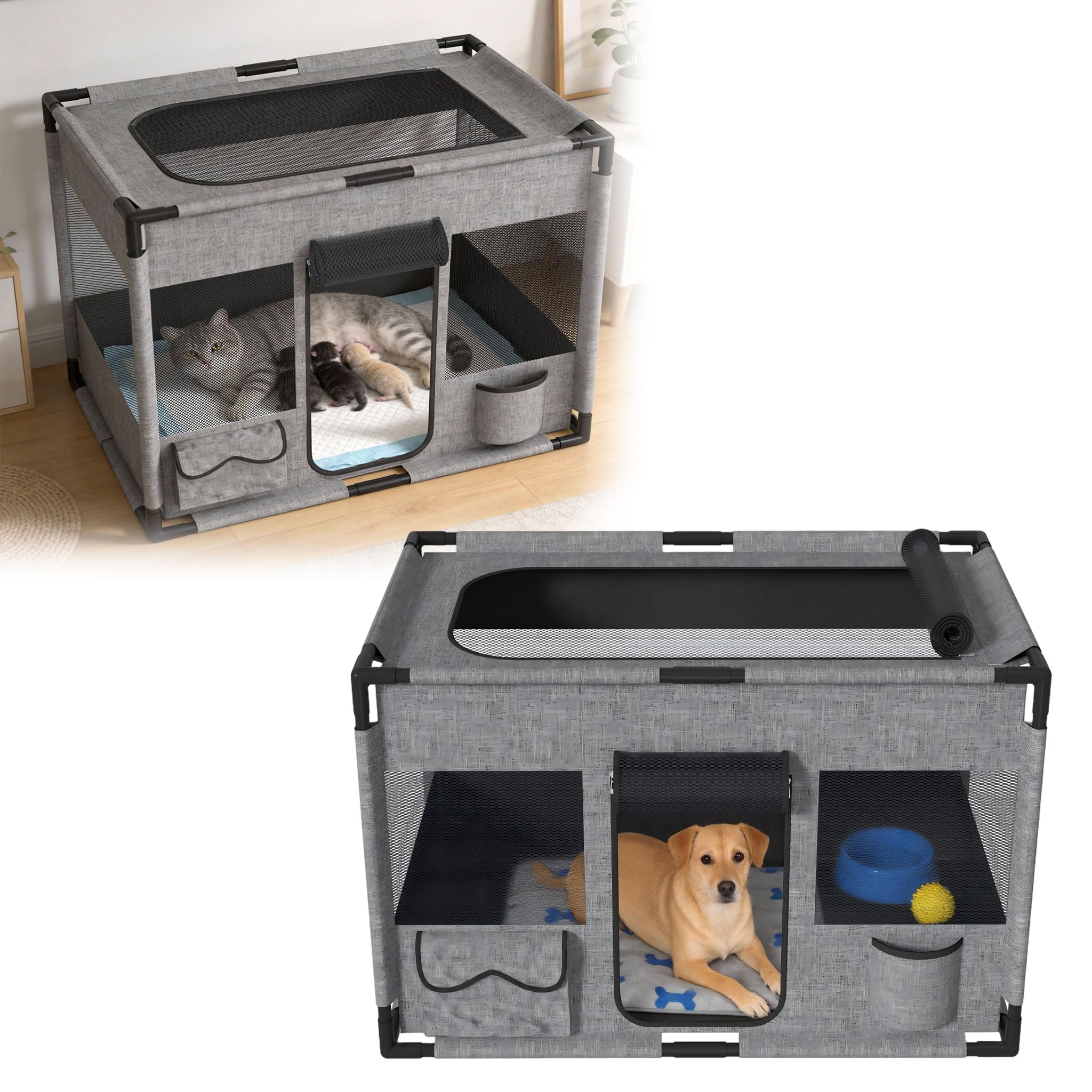 UISEBRT Recinto per cuccioli, in tessuto Oxford, rete traspirante con cerniera e tasca laterale, box per interni per cani e gatti, 85 x 65 x 64,5 cm, rettangolare