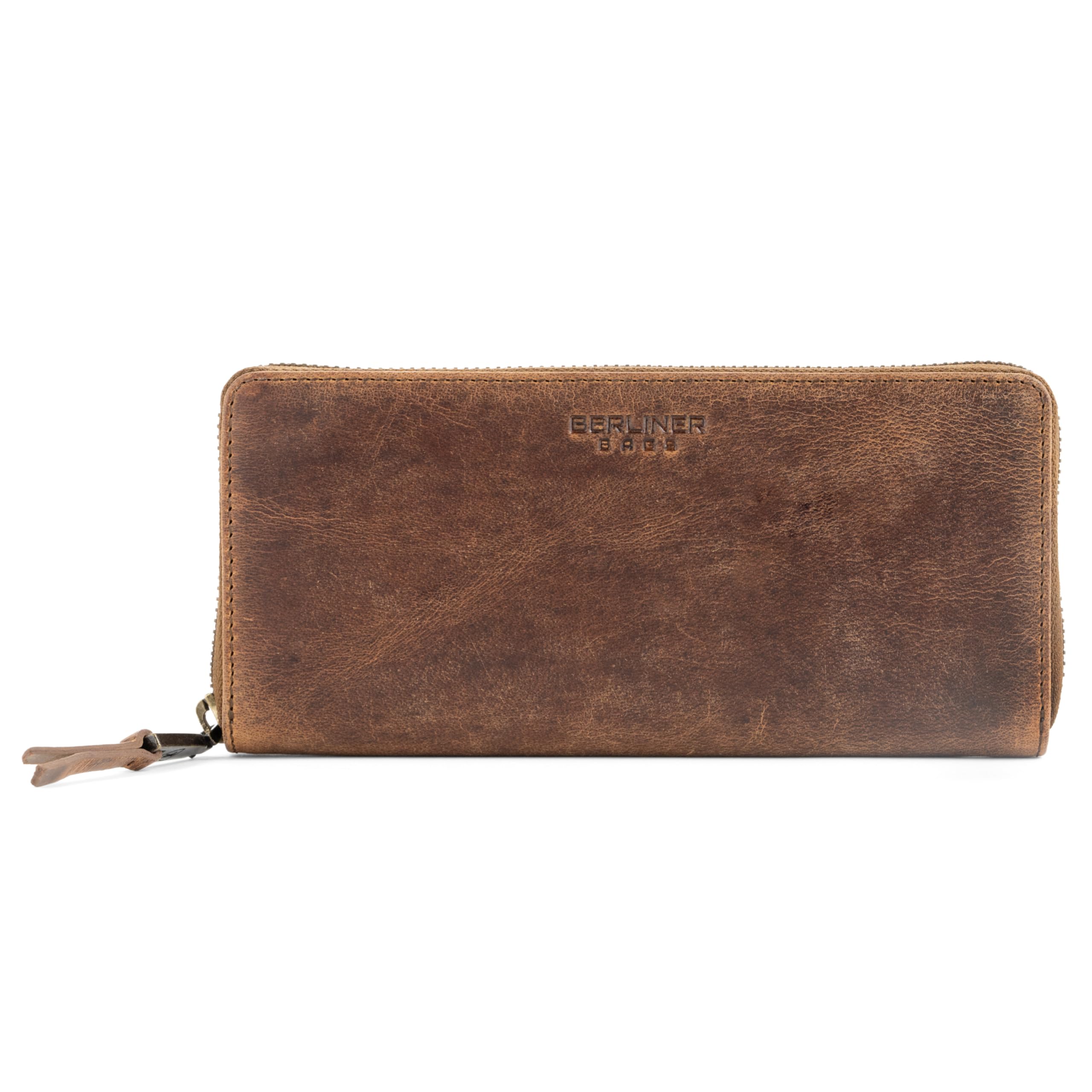 BERLINER BAGS Full Grain Leather Zip Wallet Women Palma, Gift Box – Brown