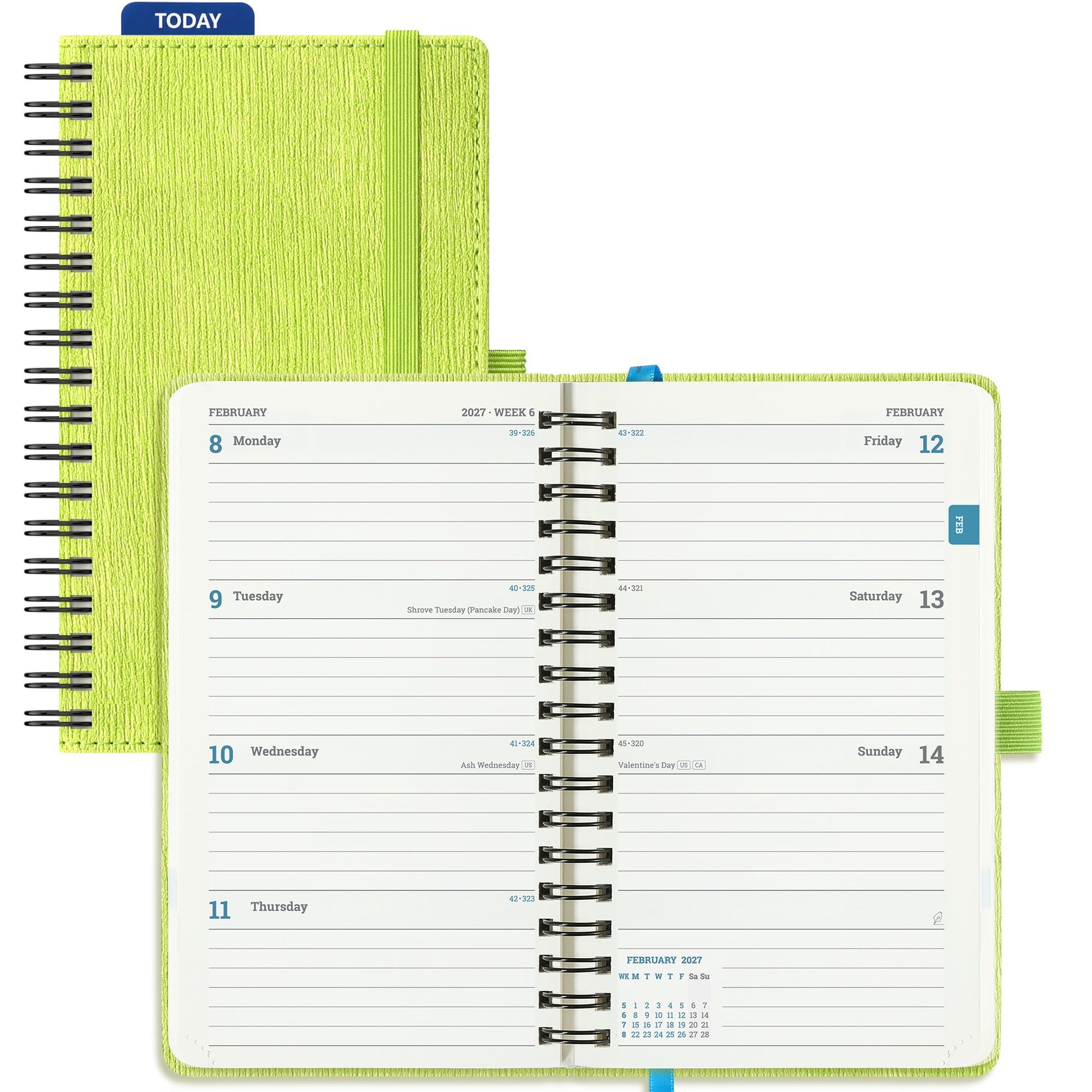 IN-LUXPRO 2027 Diary: Pocket A6 Week to View Slim(16.4x9.5 cm) 12 Months (Jan.-Dec.) Weekly Appointment Spiral Softcover Planner with Timeslots Inner Pocket,100GSM Paper, PU Leather Apple Green