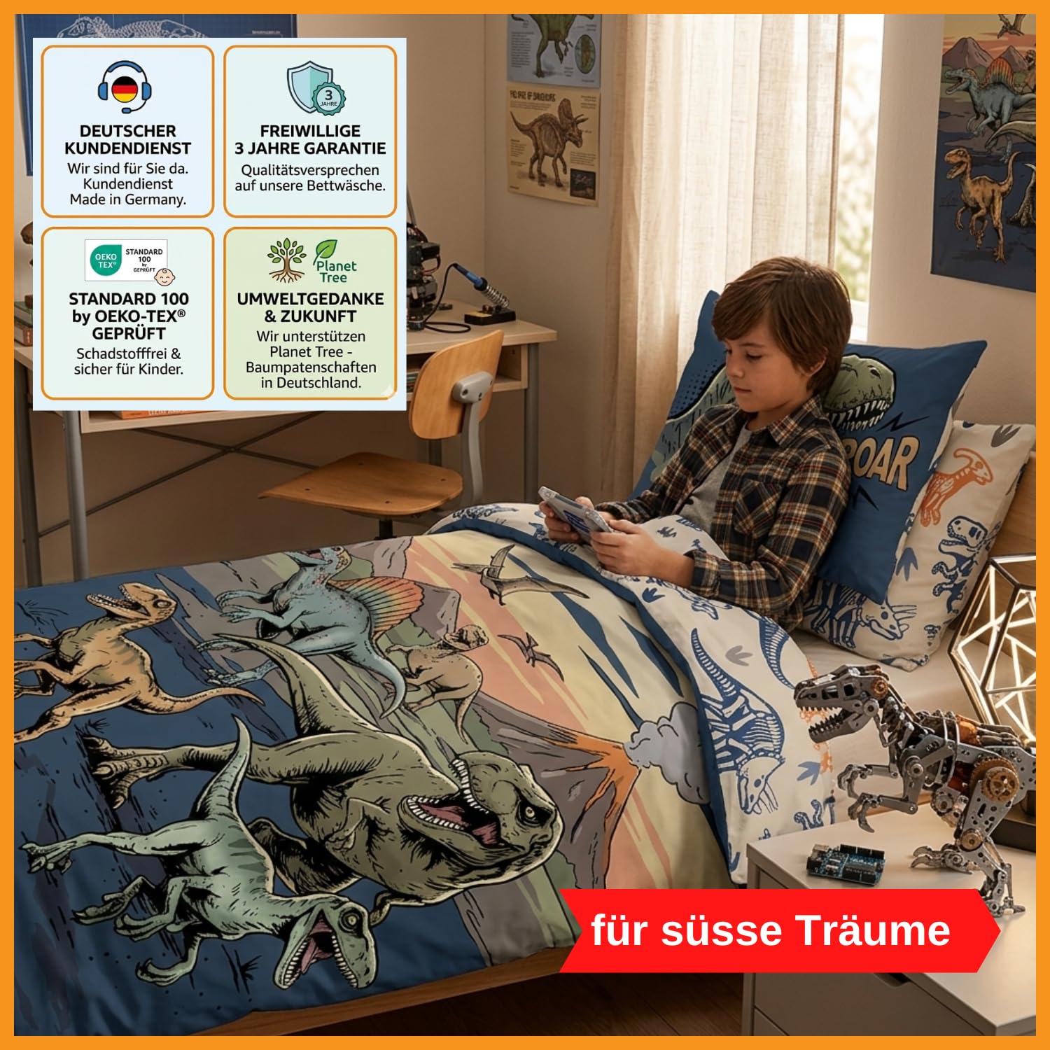 Aminata kids Bettwäsche 135x200 Dinosaurier-Motiv Jungen 100% Baumwolle