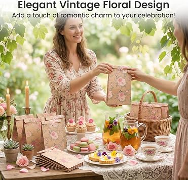 VGOODALL 54 Pack Floral Party Favor Bags with Stickers, 3 Designs | 8.7 X 4.7 X 3.1 inch Kraft Bags with Flat Bottoms, for Candy, Cookies, Jewelry, Weddings, Showers, and Garden Parties