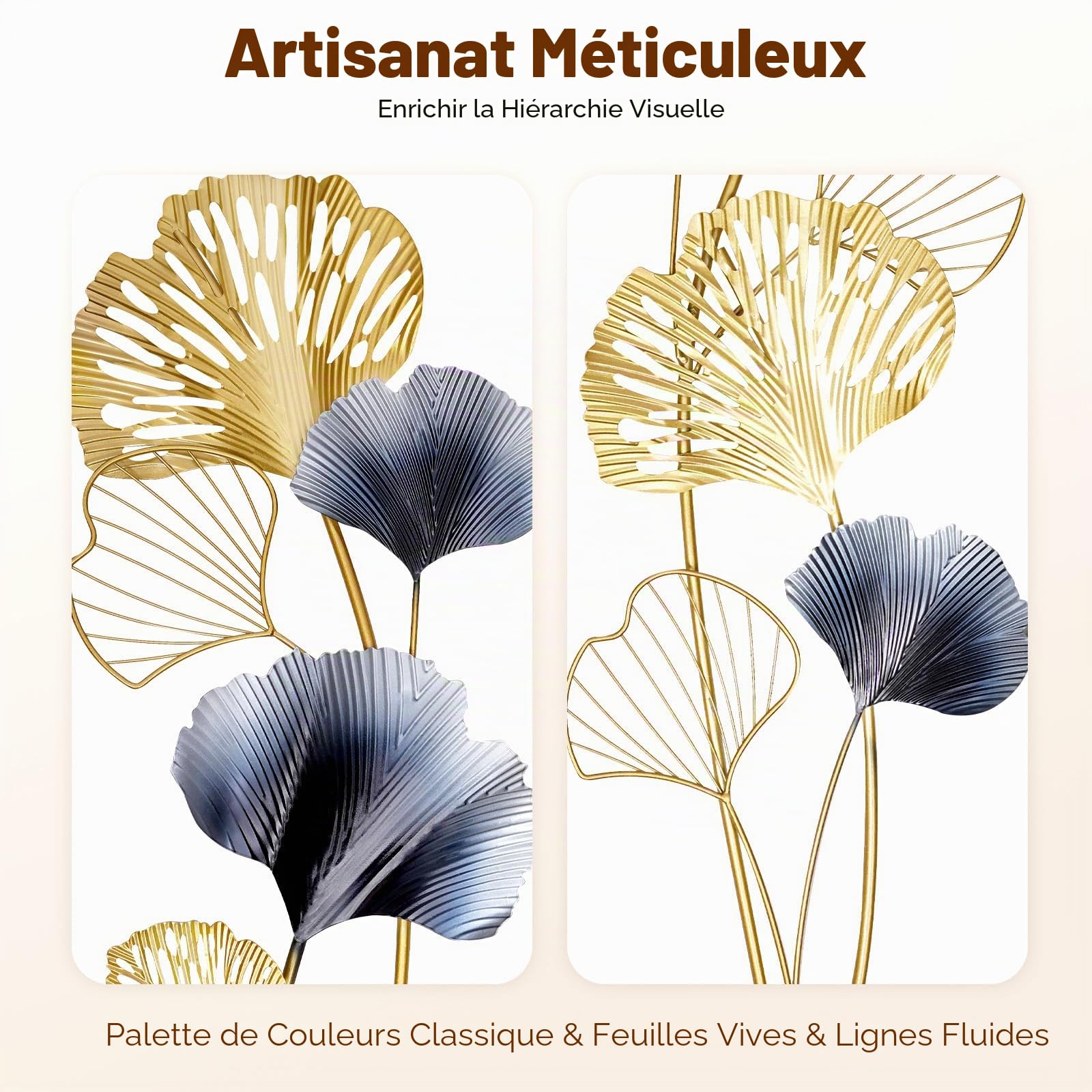 Biggittig Lot de 2 décorations murales 3D en métal - Motif feuilles de ginkgo - Pour la maison, la chambre à coucher, le bureau, etc - Doré - 85 x 31 x 5 cm