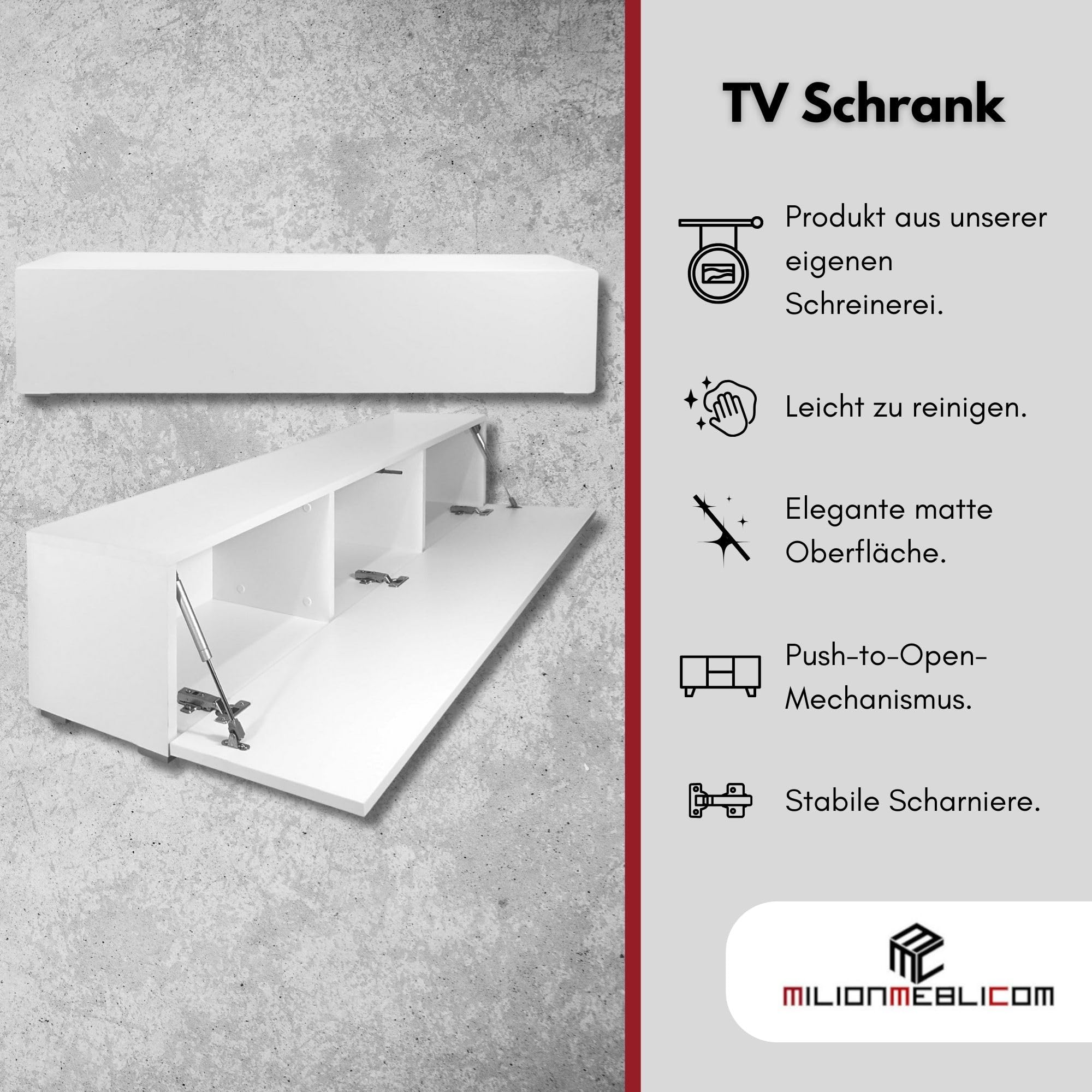 Fernsehtisch Fernsehschrank TV Verdeckter Griff mit Soft-Close Lowboard Hängeschrank- Hängend Oder Stehend für Wohnzimmer -Matt Weiß 30x135x30 HxBxT