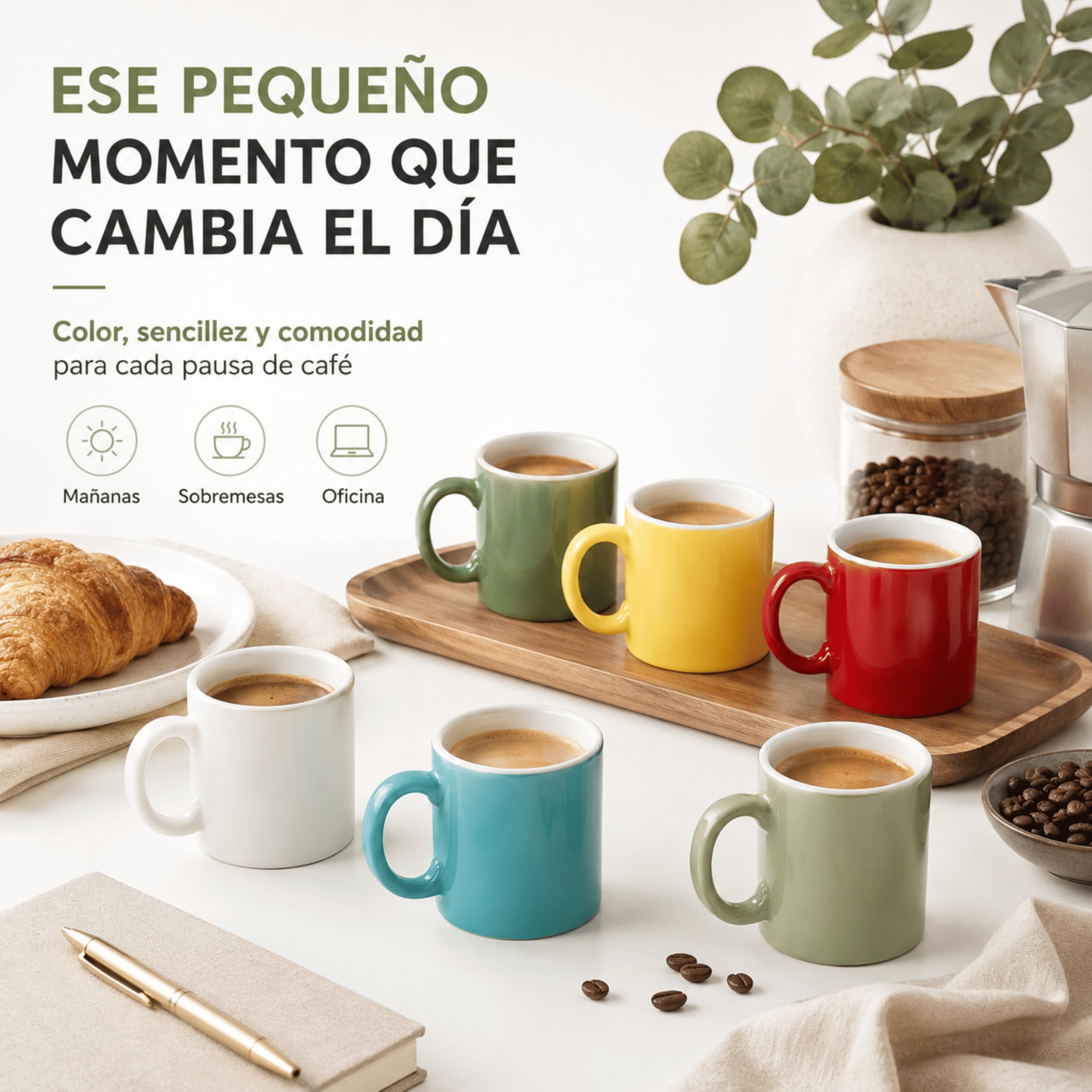 MUNTRADE Pack de 6 Tazas Espresso de Cerámica 100 ml | Juego de Tazas de Café Pequeñas Multicolor | Taza para Café Solo, Cortado y Ristretto | Para Cocina, Oficina y Regalo