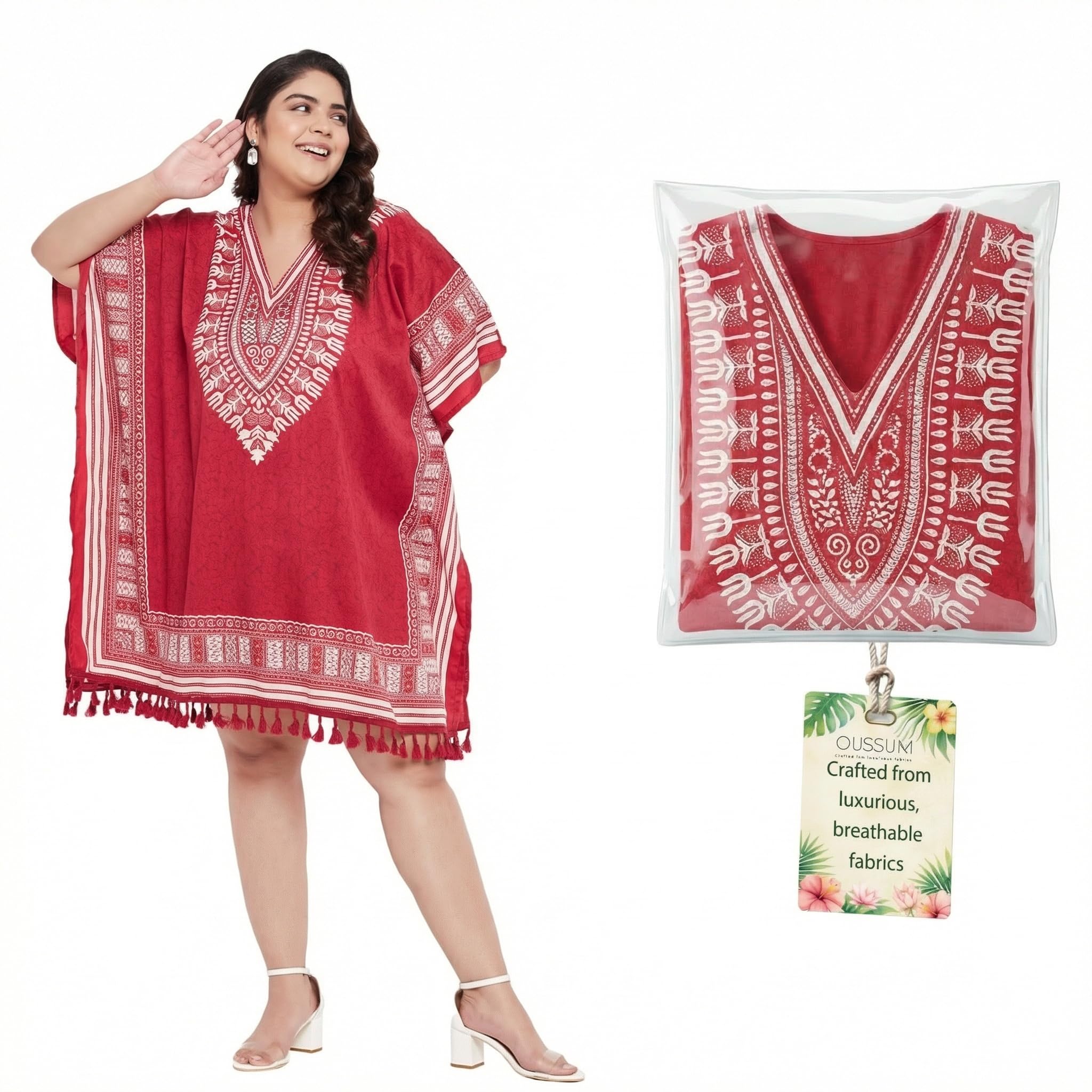 Oussum Short Kaftan Tunic Tops Plus Size Polyester African Dashiki Tassels Dress Summer Beach Wear Resort Wear for Ladies