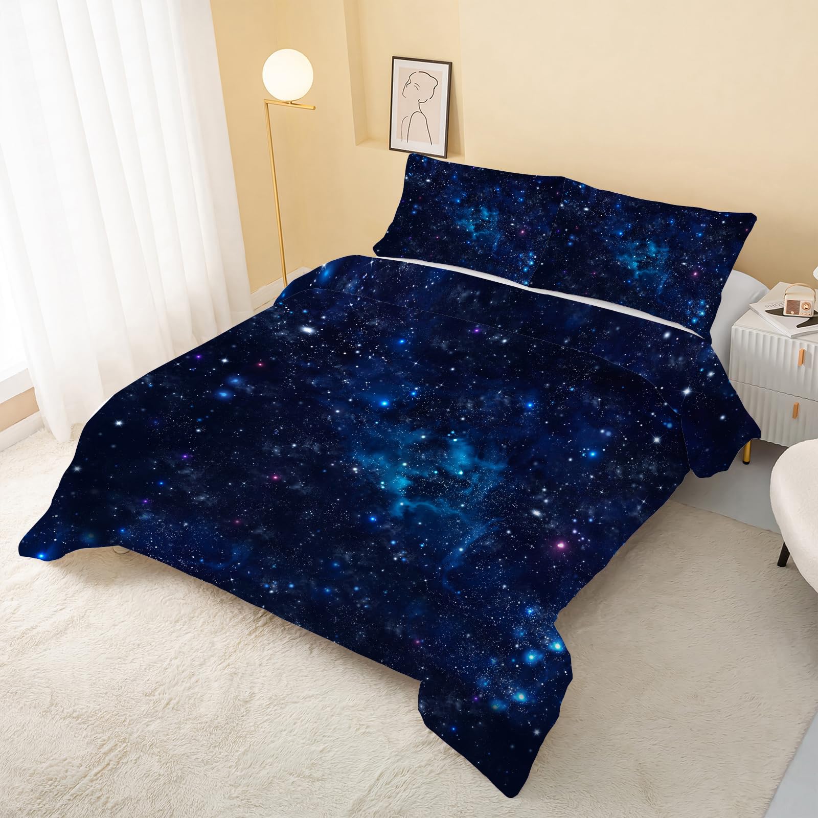 Blauer Sternenhimmel Bettdecke 135x200, 4 Jahreszeiten Galaxie Steppdecke | Vierjahreszeiten Bettdecke ohne Bezug, Universum, Warme Ganzjahresdecke, Waschbar Schlafdecke mit 2 Kissenbezug 80x80 cm