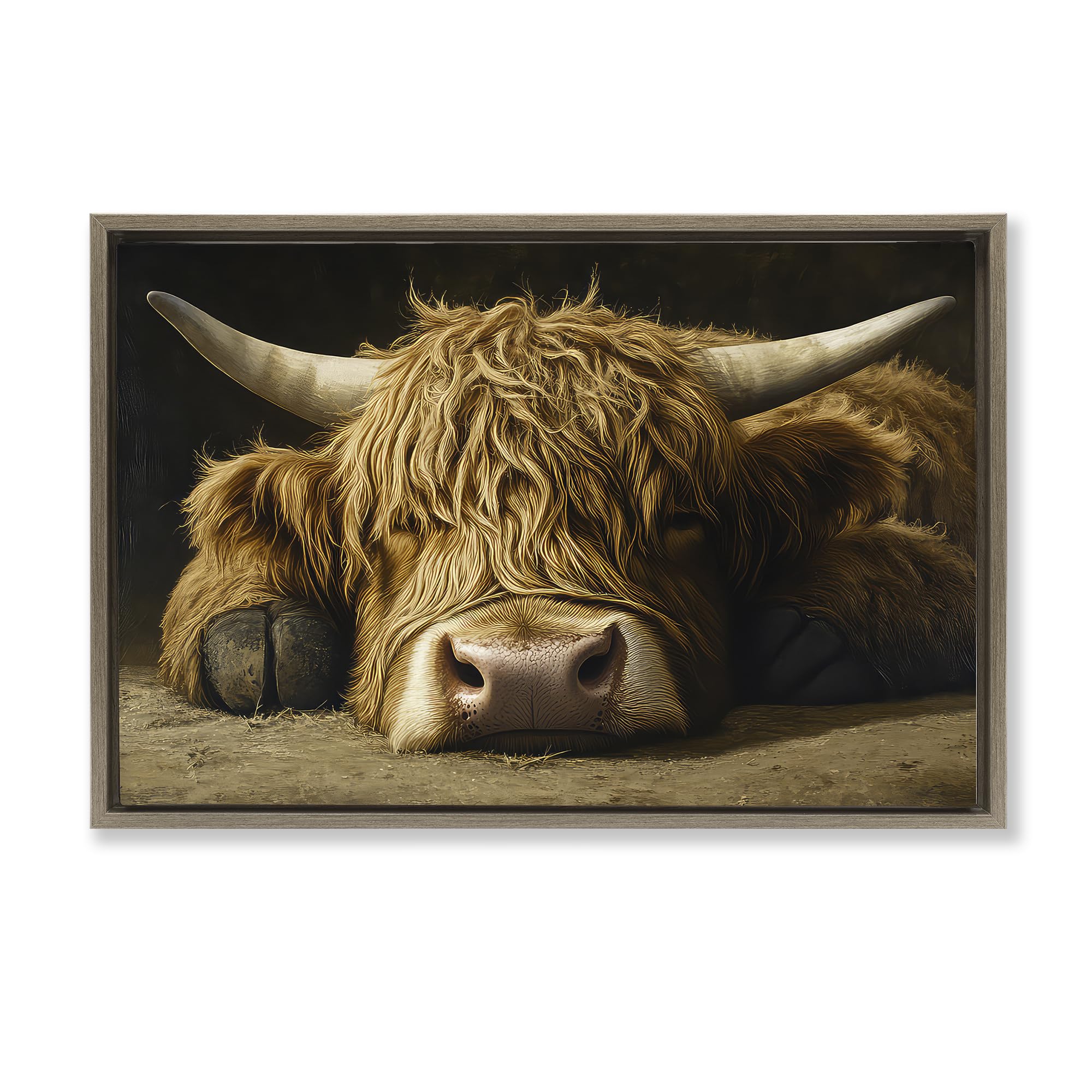 Stupell Industries 'Sleeping Highland Cow & Hoof', Floating Frame Canvas Art, Brown, 31 x 21 Inches, Easy to Hang and Sturdy, Made in USA, by The Wands Want
