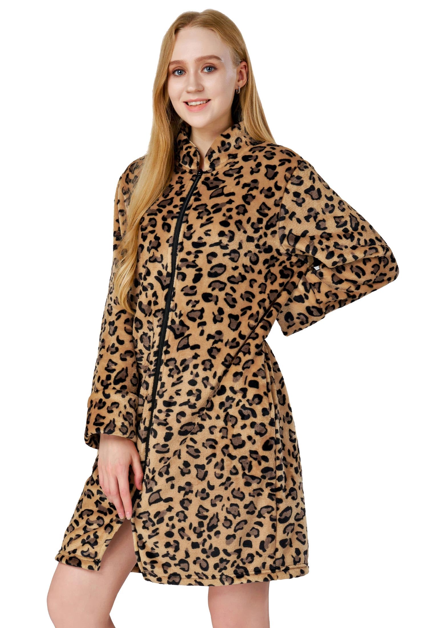 SIORO Fleece Robes for Women Plush Zipper Front Bathrobe Knee Length Warm Housecoat Long Sleeve Cozy Sleepwear with