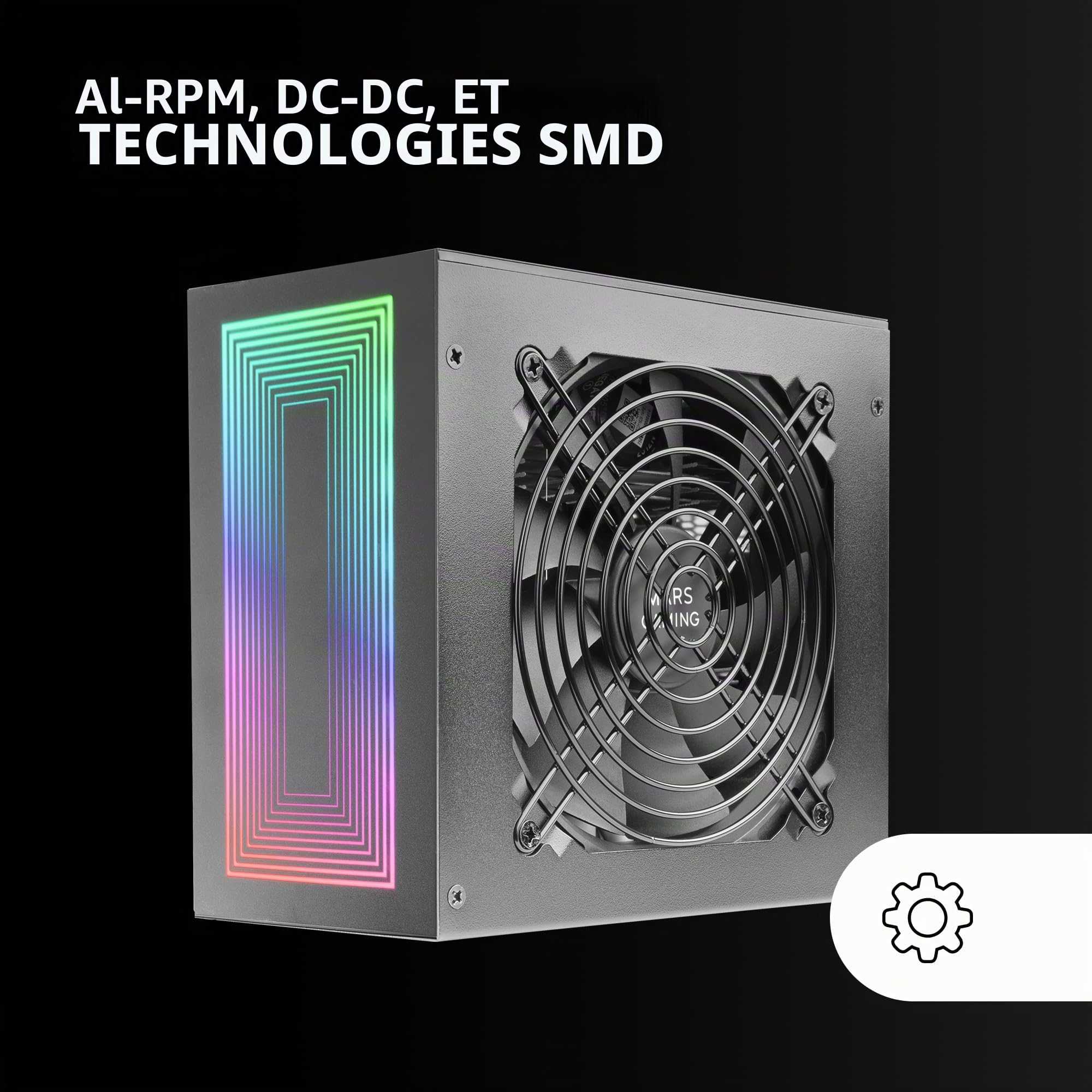 Mars Gaming MPB750S, Alimentation ATX ARGB 750W, Garantie de 6 Ans, 80Plus Bronze 230V EU, Efficacité de 90%, Ventilateur 120mm AI-RPM, Éclairage ARGB MB Control, Technologies DC-DC et SMD, Noir