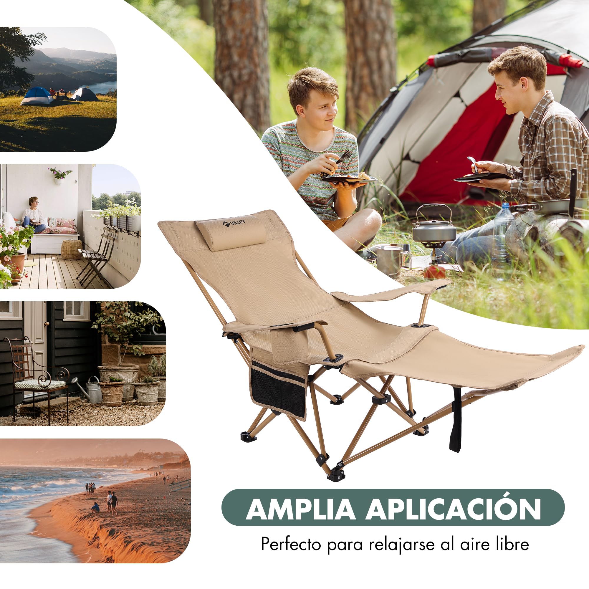 VILLEY Silla de Camping Plegable con Reposapiés, Reposacabezas y Bolsa de Almacenamiento, Silla Plegable para Camping, Playa, Jardín, Pesca, Soporta hasta 150 kg, Beige