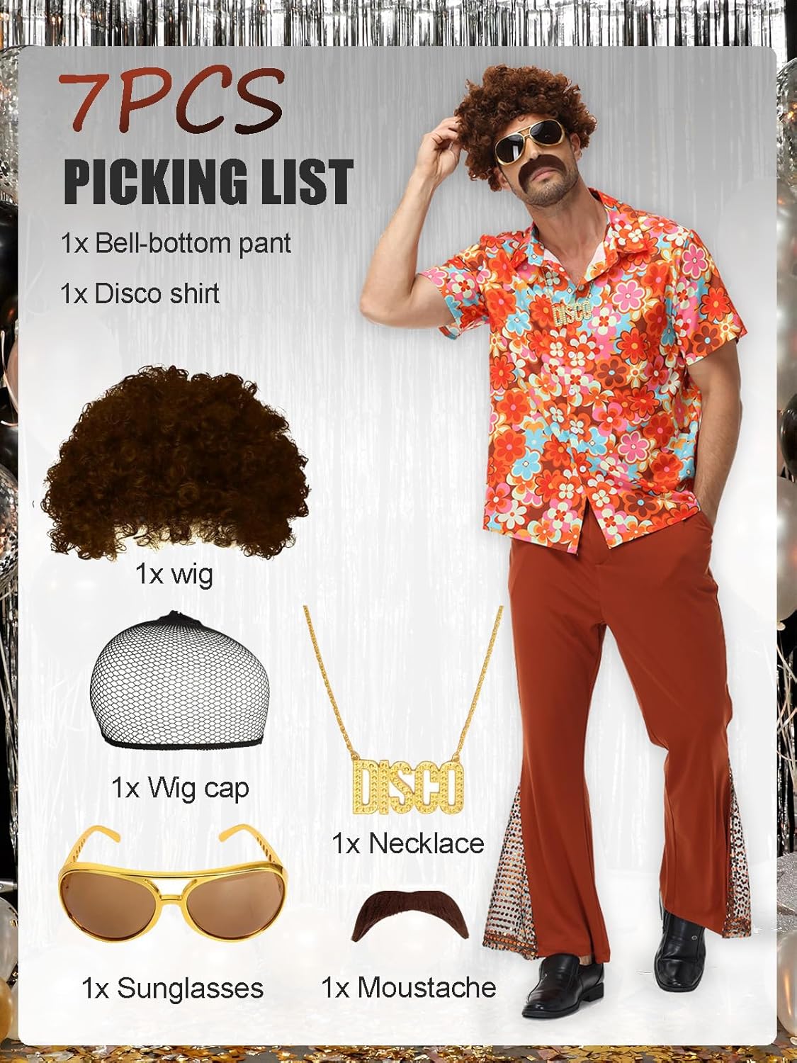 7Pcs Mens 70s Disco Costume, Retro Shirt Bell Bottom Pants Wig Sunglasses Necklace Wig Cap for Disco Party - Image 3