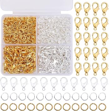 700 Pcs Lobster Clasps and Jump Rings Set, 12mm Gold Silver Lobster Claw Clasps with 7x5mm Open Rings for Jewelry Making, Keychains, DIY Crafts, Bracelets, Includes Storage Box