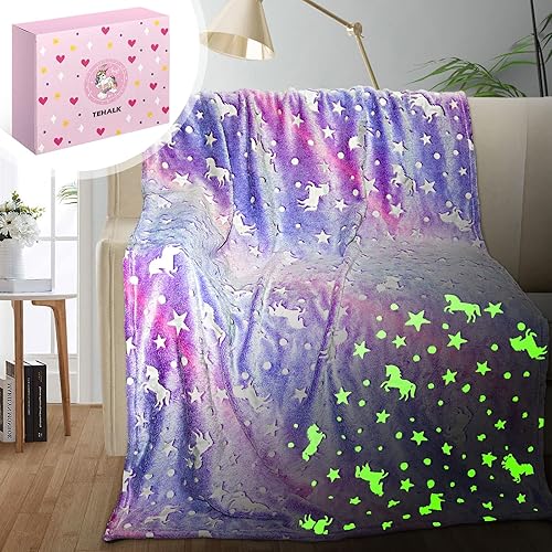 Miniatura 26 de TEHALK Manta personalizada de unicornio para niñas, que brilla en la oscuridad, manta para niños, 30 x 40 pulgadas, rosa Unicornio 3