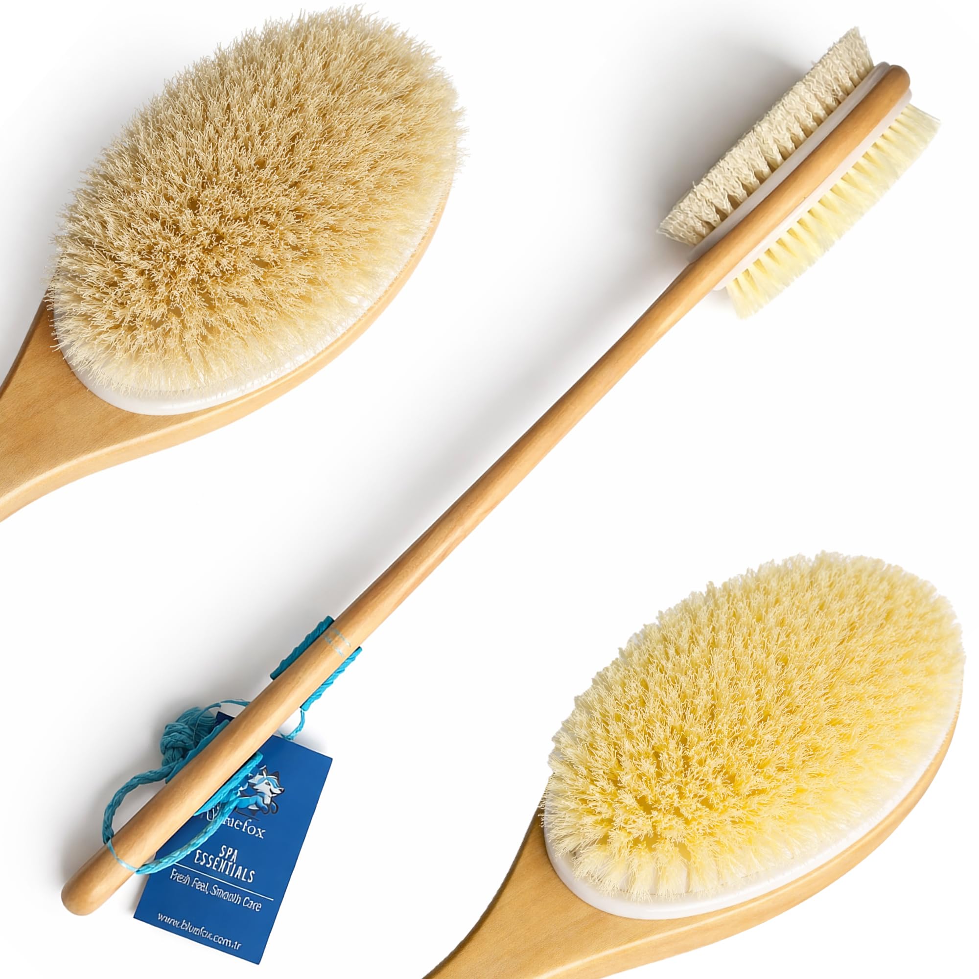 Bluefox Sırt ve Vücut Temizleme Fırçası - 2 Taraflı Sert & Yumuşak Lifli, Bambu Uzun Saplı (43cm), Ölü Deri ve Gözenek Temizleyici, Pürüzsüz ve Canlı Cilt İçin İdeal