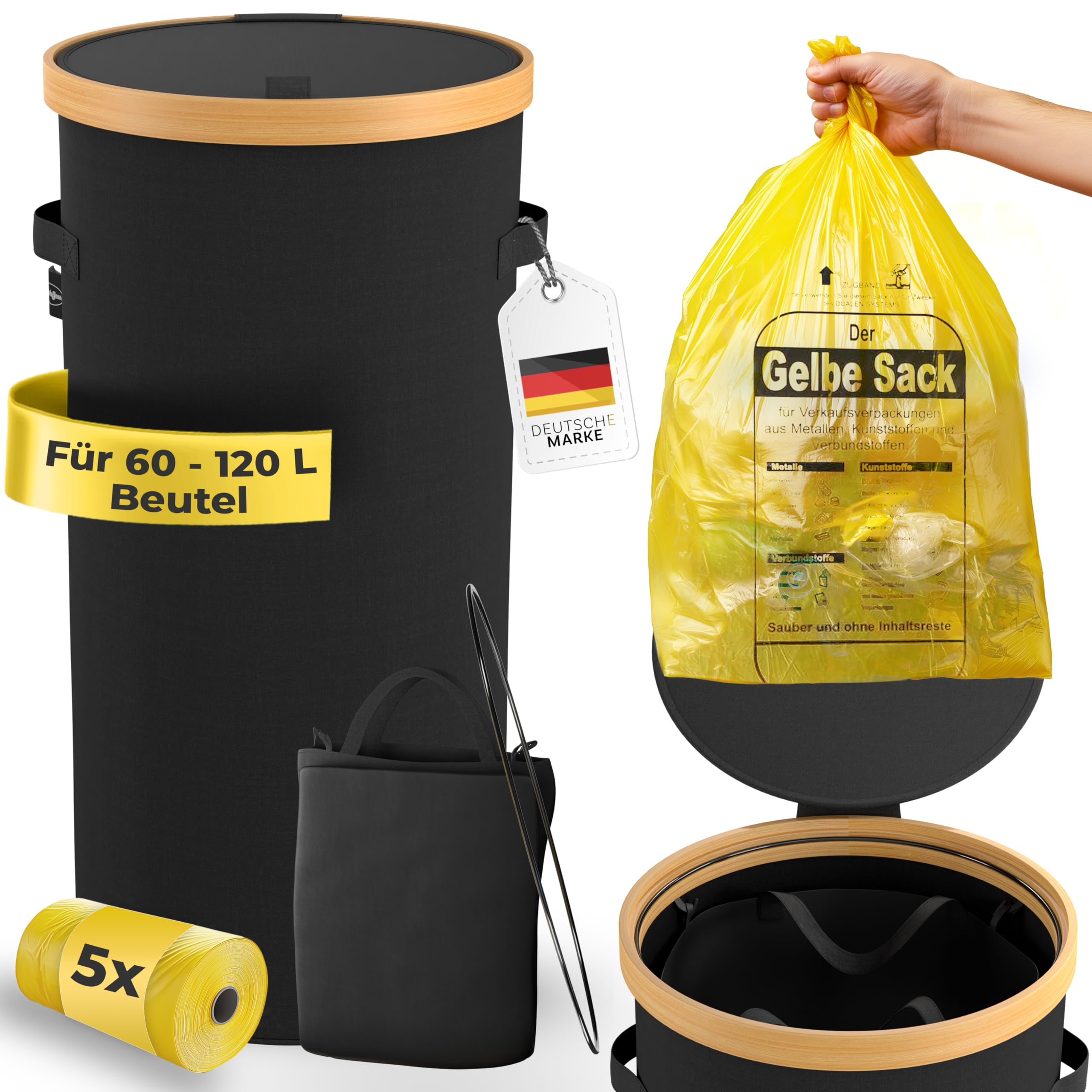 Gelber Sack Ständer mit Tragetasche & gelbe Säcke - Stabiler Müllsackständer, Mülleimer mit Deckel geruchsdicht, Müllbeutel Halter, Müll Tonne, Müllbehälter, Mülltrennsystem Küche