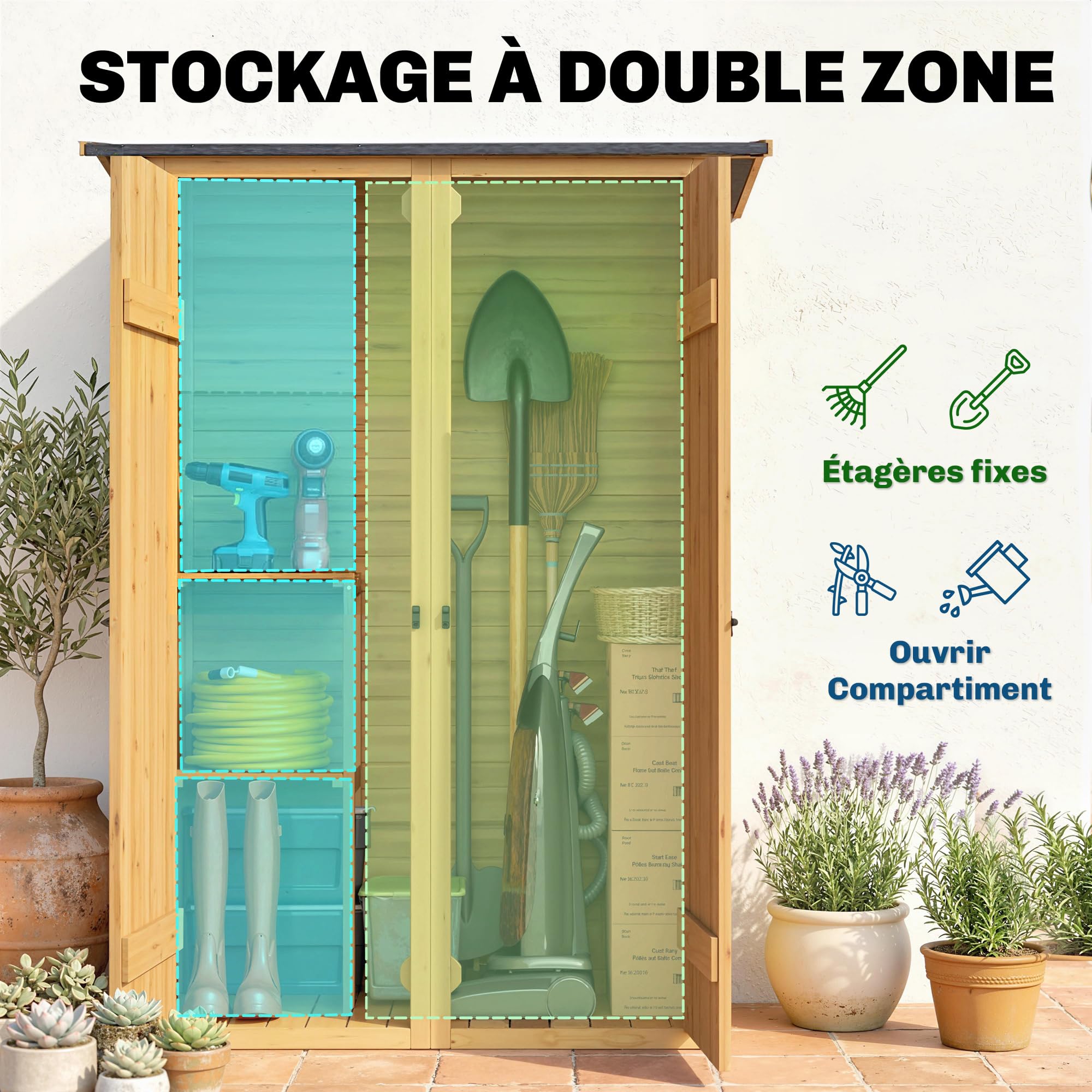 Outsunny Abri de Rangement en Bois, Cabane de Jardin avec 2 Étagères, Double Portes et Loquets, Armoire à Outils avec Toit Incliné pour Terrasse, Jardin, Garage, Marron