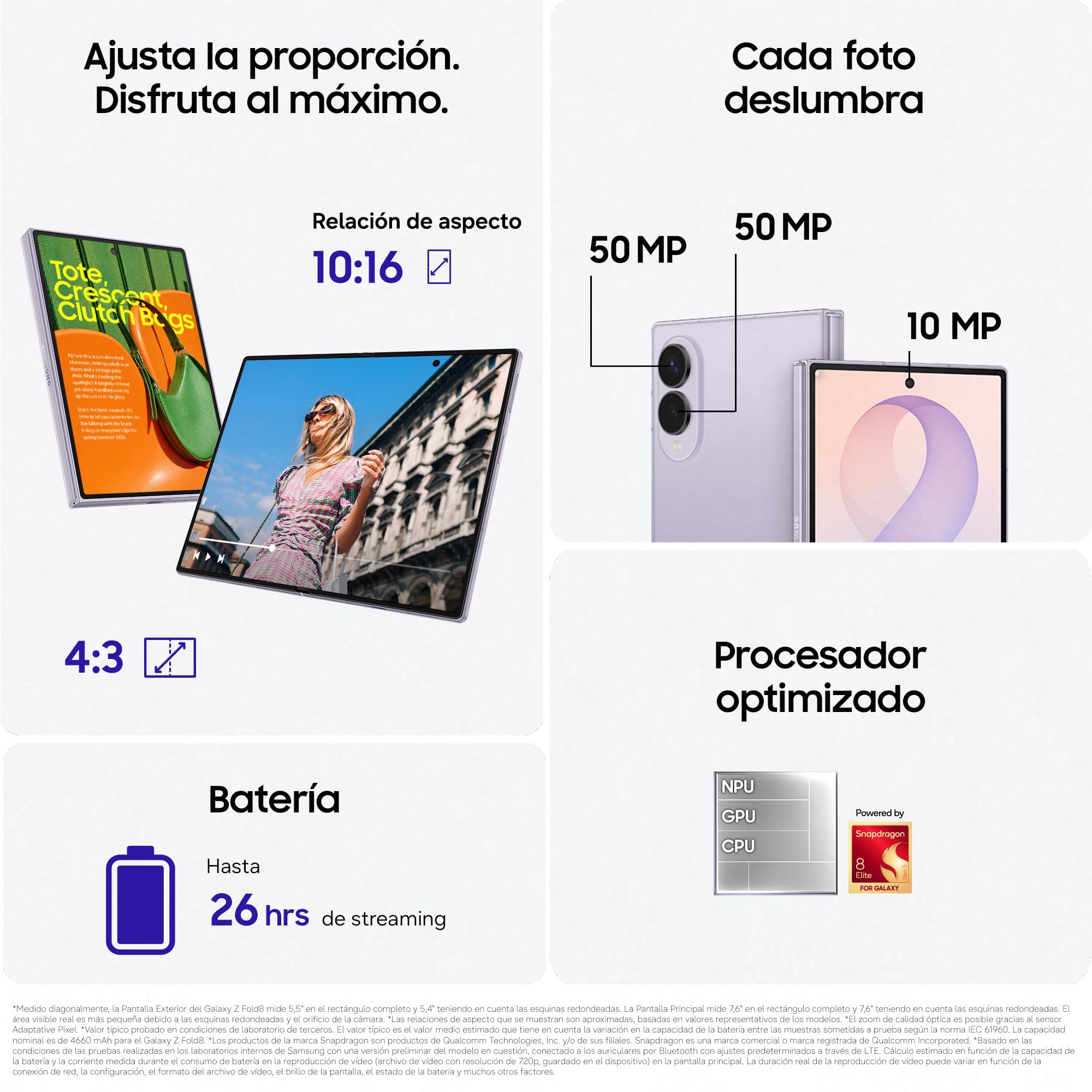 Samsung Galaxy Z Fold8, 256 GB, Teléfono Móvil, Lavanda | Smartphone Android con IA, Pantalla Idónea para Redes Sociales, Cámara Dual 50MP, Batería 4800mAh, Garantía 3 Años + 1 extra