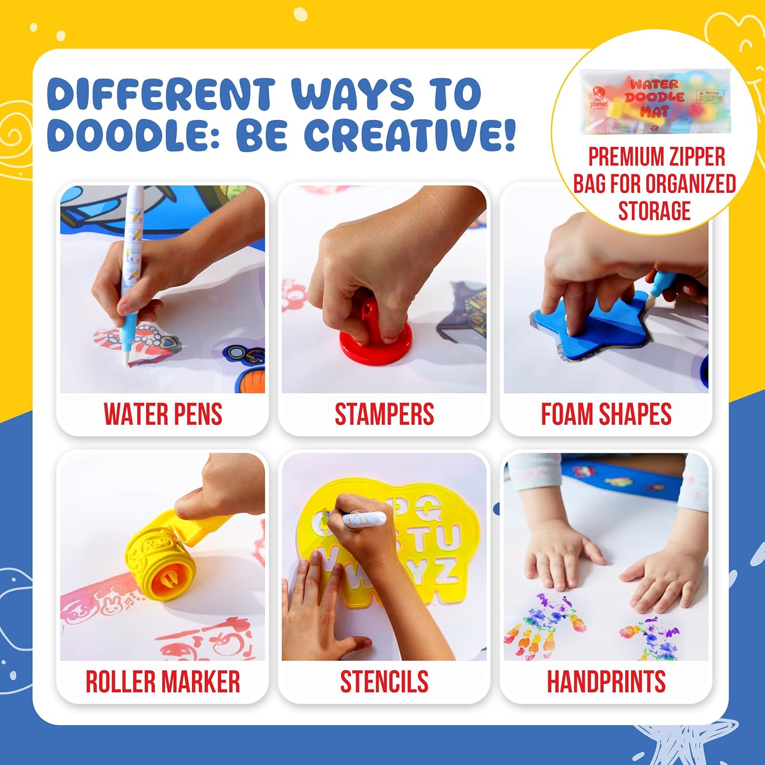 Water Doodle Mat -Sea Life 40 x 32 – Mess-Free Water Drawing Mat for Kids Ages 3-8 with Roller, Stamp Markers, Water Pens, Foam Shapes & Stencils