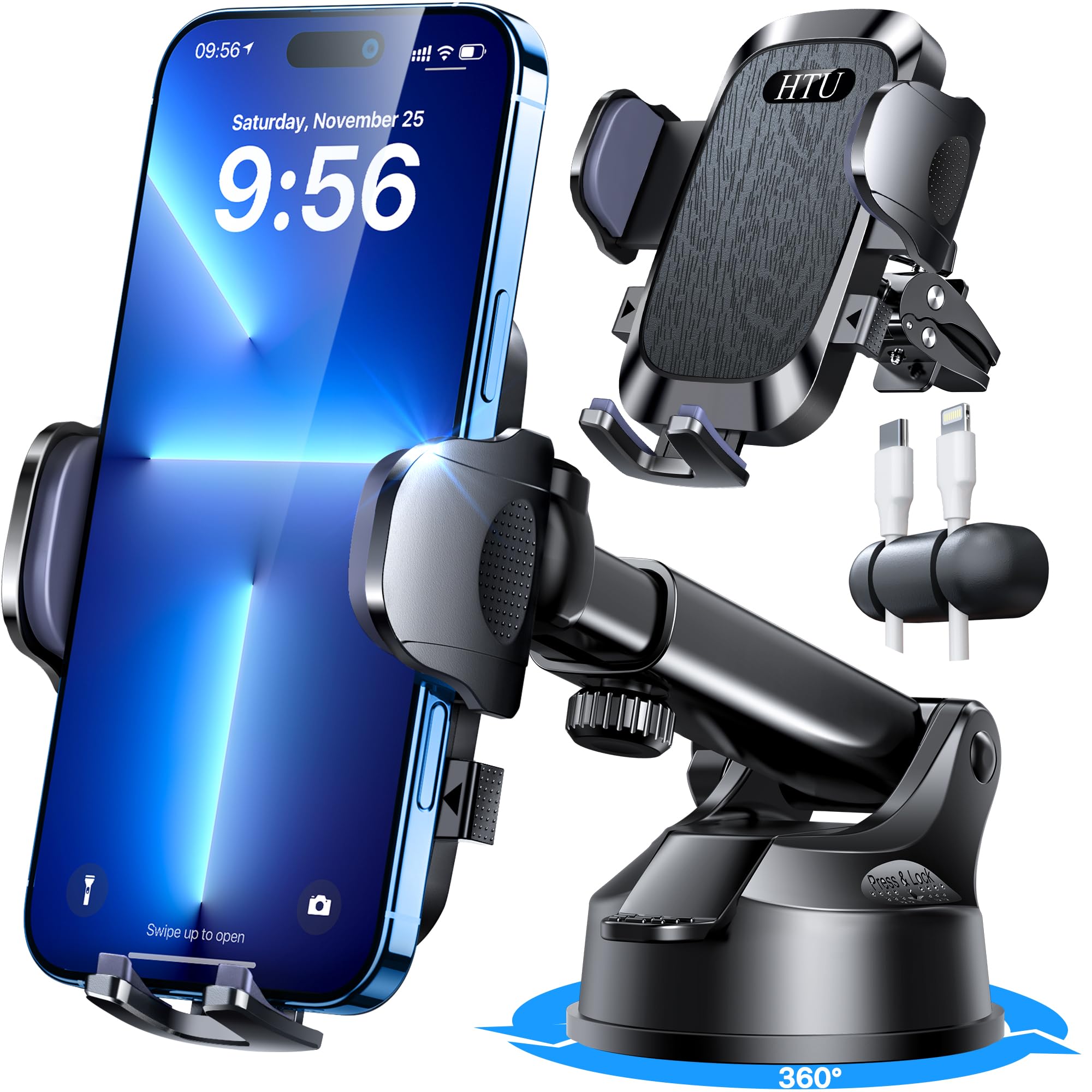 HTU Soporte universal manos libres para teléfono móvil para coche, parabrisas, rejillas de ventilación, soporte para iPhone, Samsung, todos los teléfonos y coches