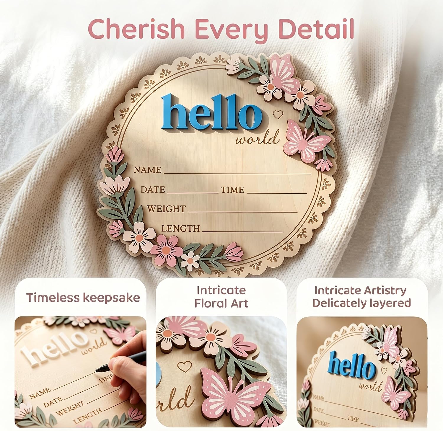 Baby Announcement Sign 5.9 Inch Hello World newborn sign Boy or Girl Sign image 5