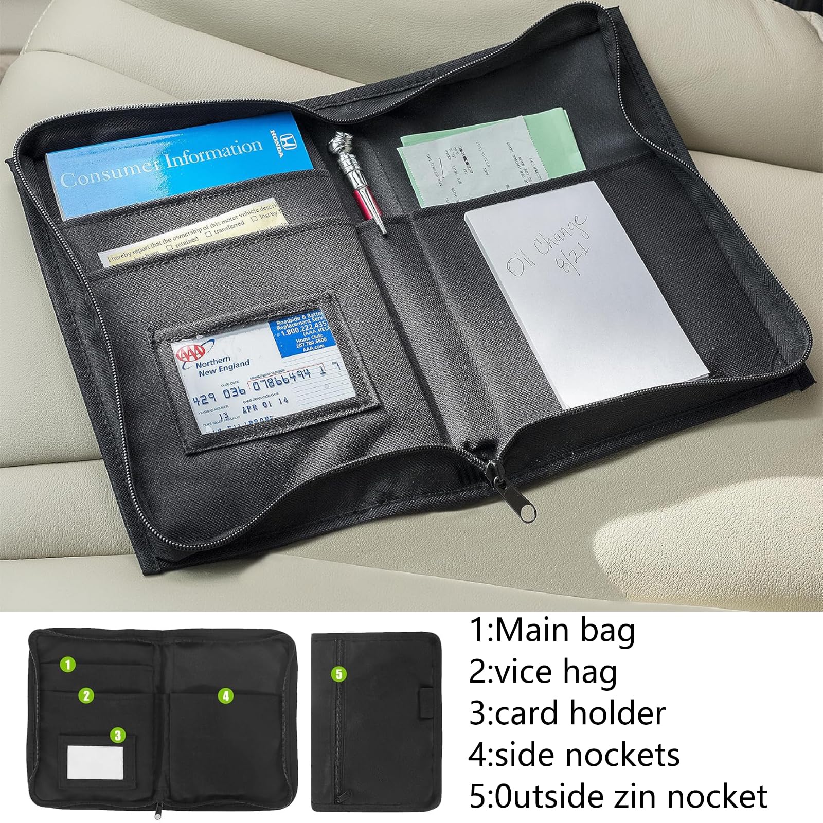 Carpeta de Coche Portadocumentos Coche Organizador de Documentos de Guantera Carpeta Documentación de Vehículos con Compartimento para Tarjeta, Licencia de Conducir (Negro)