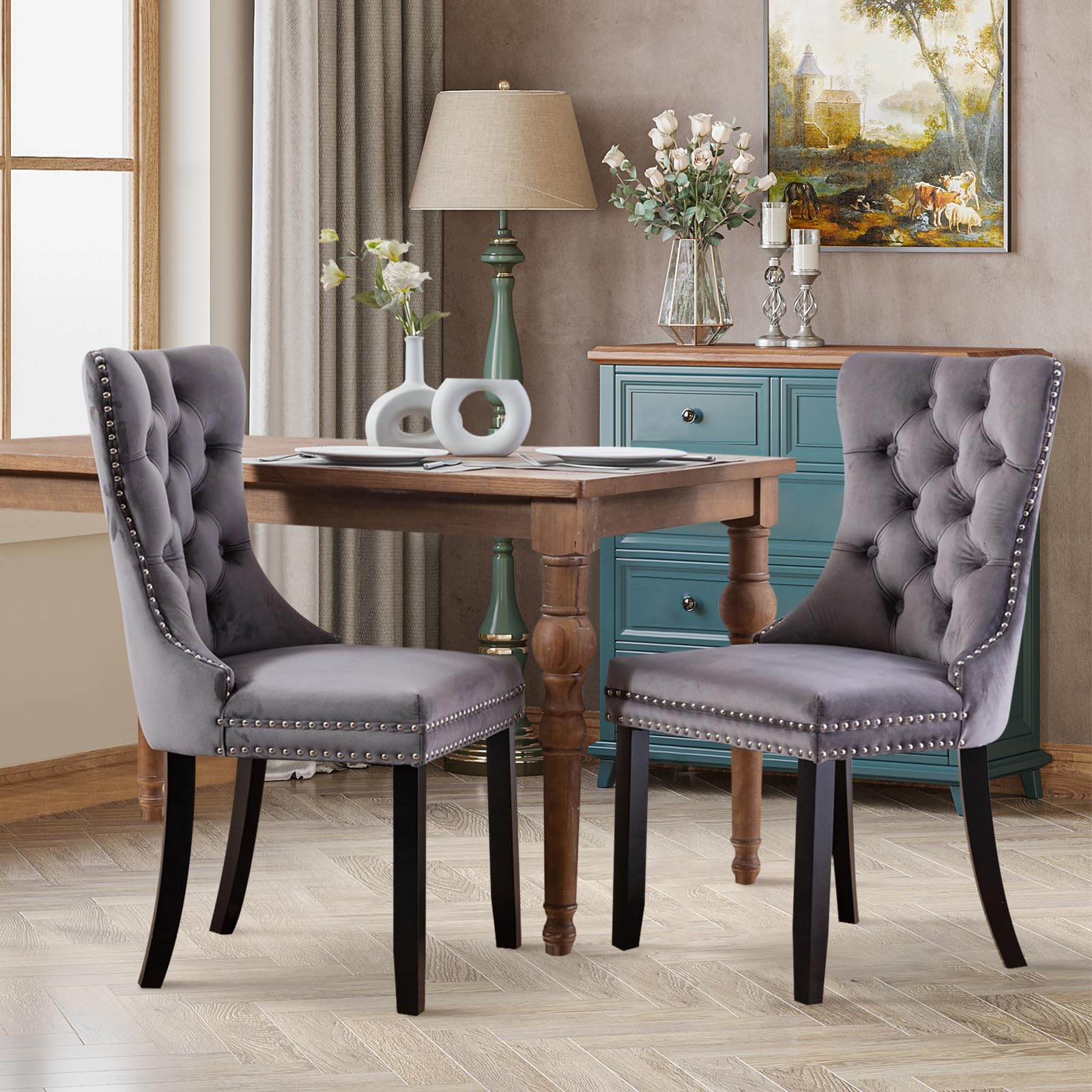 Velvet Upholstered Dining Chairs Set of 2,Modern Mid-Century Kitchen Chairs with High Back,Nailhead Trim and Solid Wood Legs,Metal Pulling Ring for Dining Room Living Room,Gray