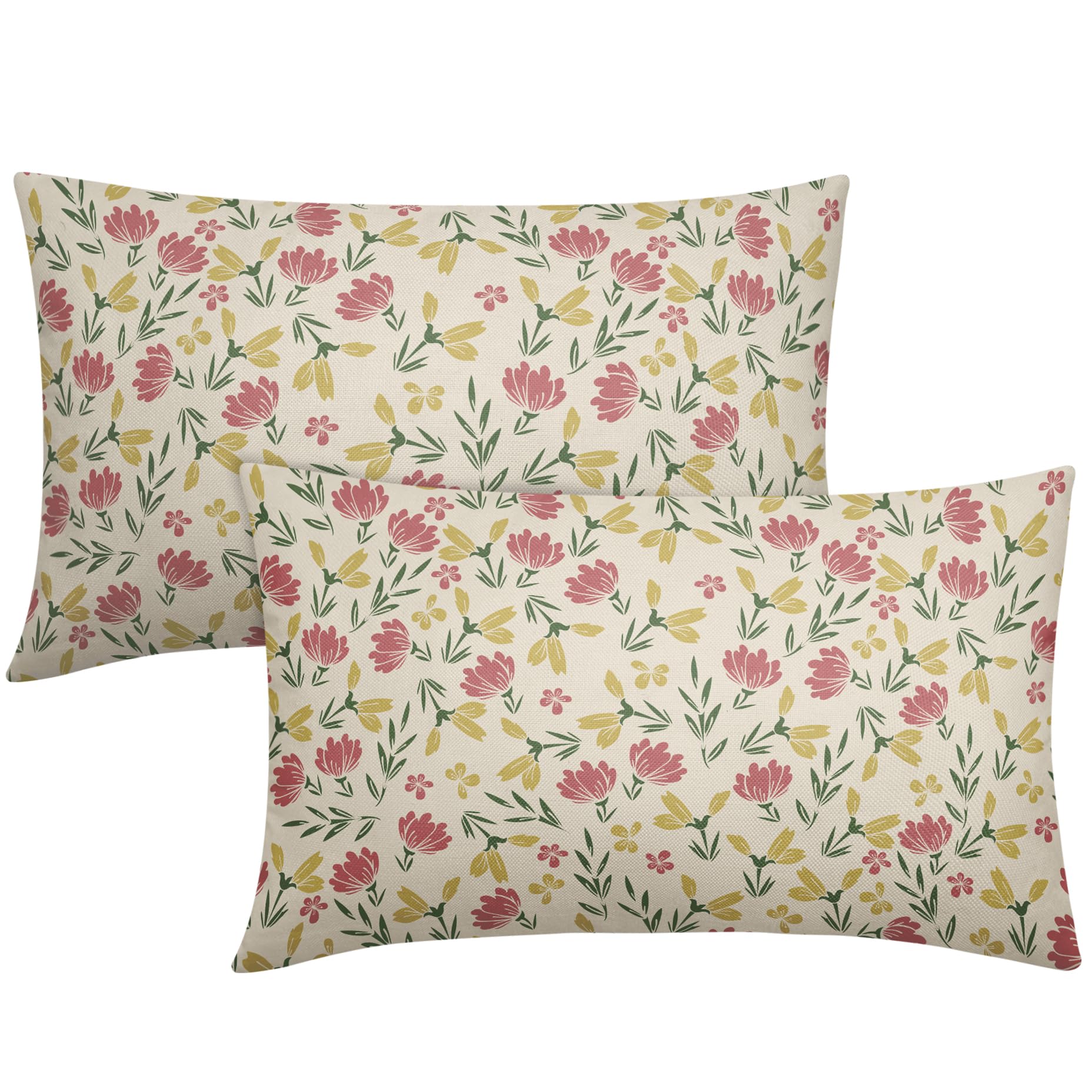 Green Pink Yellow Floral Pillow Covers 12x20 Set of 2 Vintage Rustic Old Style Cute Small Flower Print Rectangle Decorative Outdoor Pillowcases Farmhouse Throw Cushion Case Decor for Couch Sofa Bed