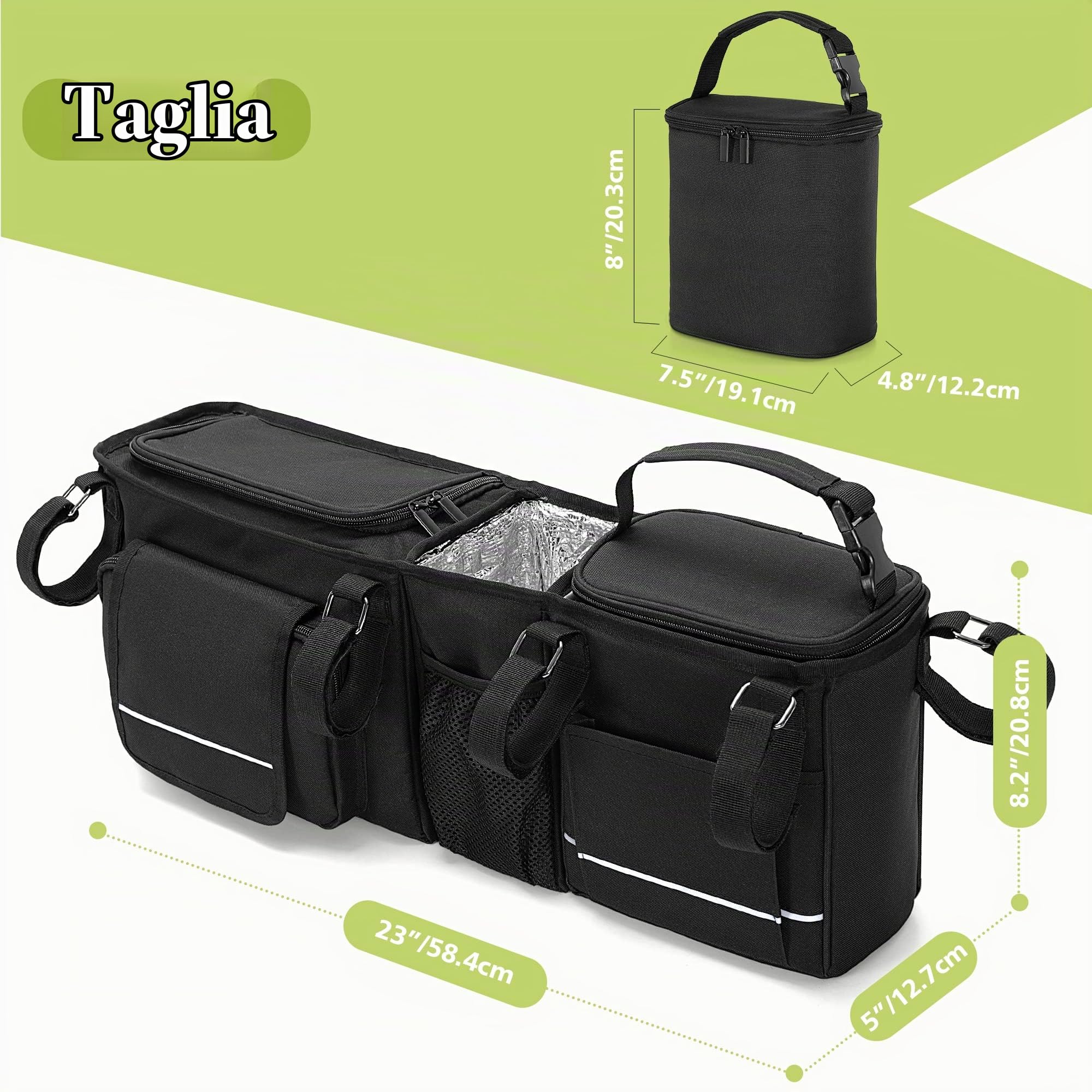 HODRANT Borsa per Passeggino Compatibile con Baby Jogger City Mini Gt2 Double | Organizer per Passeggino con Borsa Termica Rimovibile e Portabicchieri (Solo Borsa)