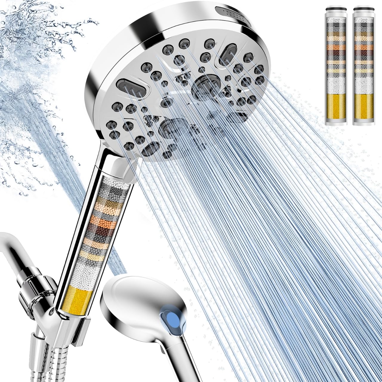 Filtered Shower Head, High Pressure 9 Spray Mode Showerhead - Built in Power Wash for Clean, Showerhead with Filters for Hard Water Remove Chlorine and Harmful Substance(Chrome, 3 Filters)