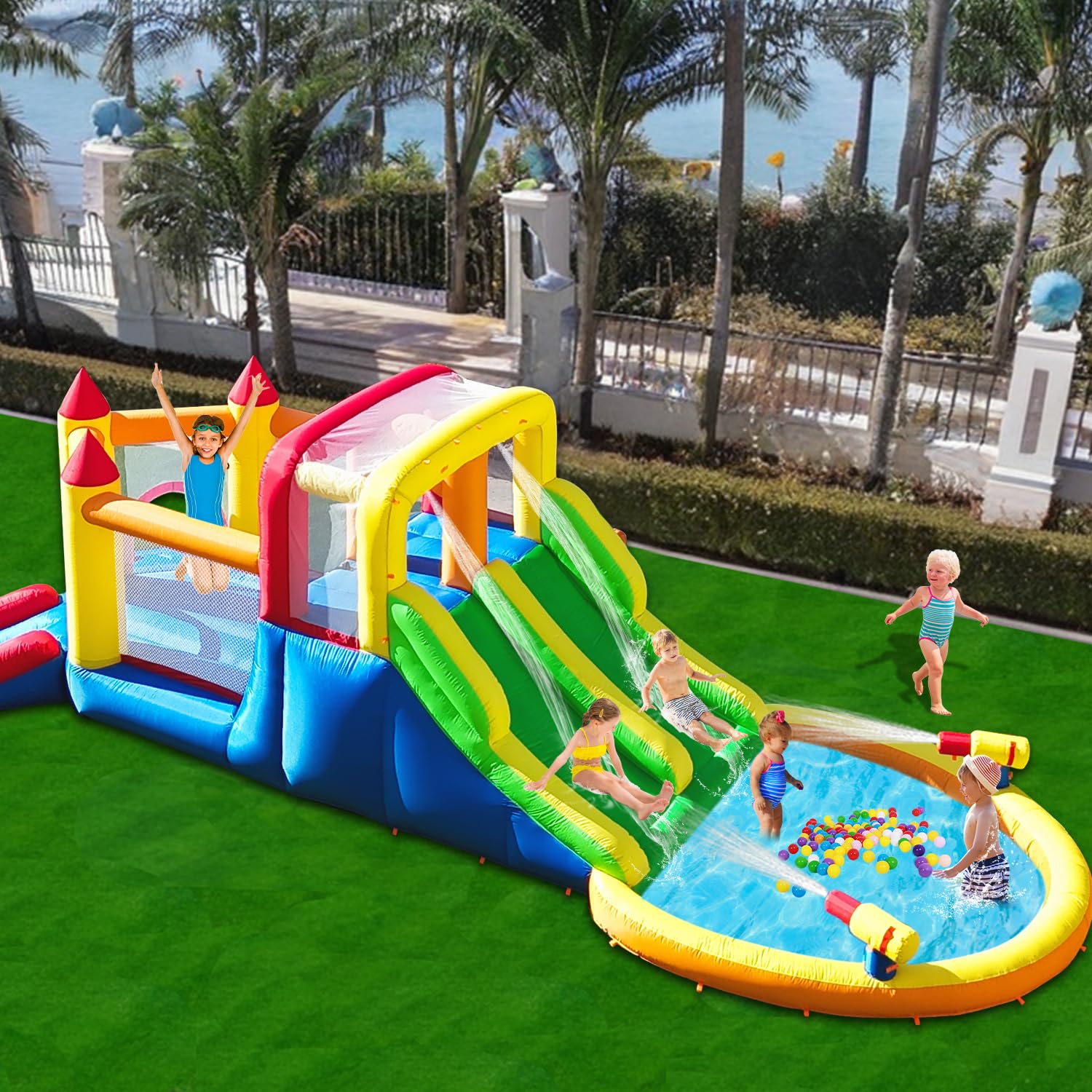 Umbalir InfIatable Bonuce House with 4 Slides & Large Splash Pool, Water Park with Ultra-Wide Climbing Wall, Jumping, Water Cannons & Surprise Water Sprayers for 3-10 yr Kids(20.6'Lx9.6'Wx6.4'H)