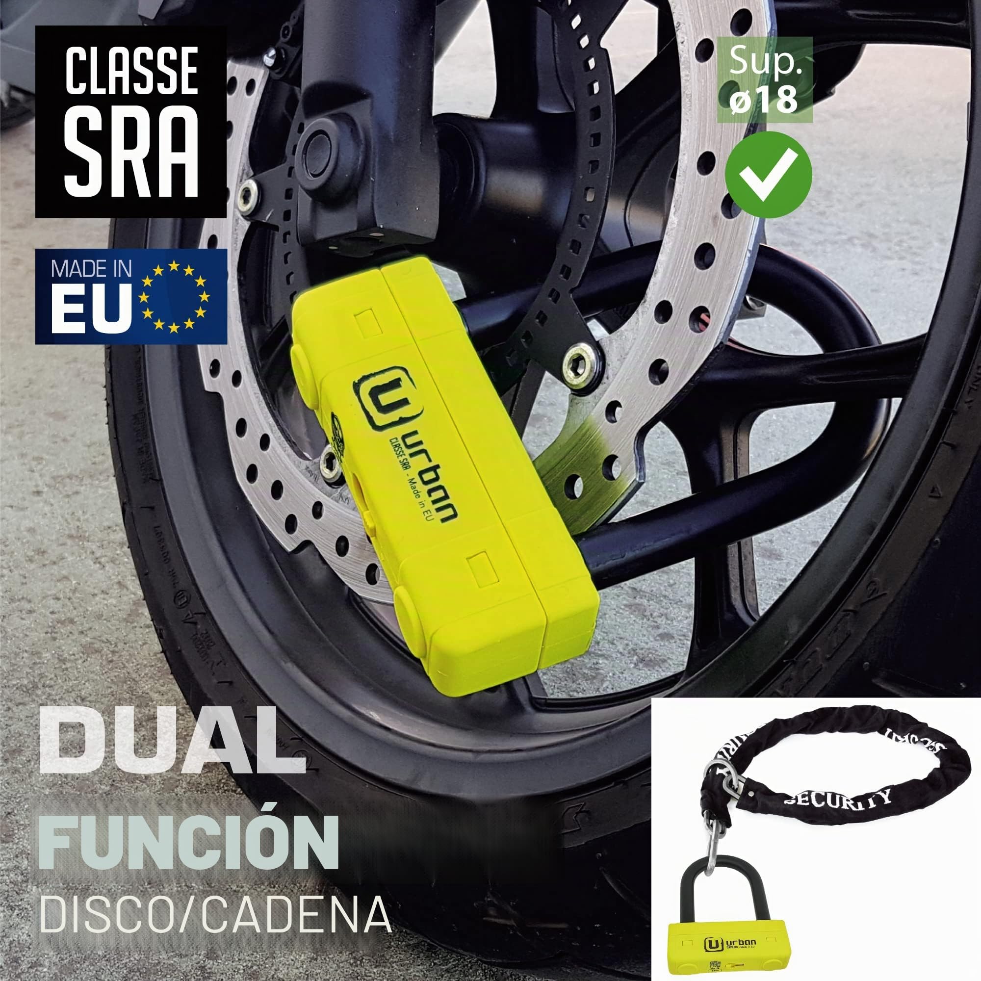 URBAN UR85120Y+10.120L Candado Moto U Homologado SRA + Cadena Acero Endurecido 120cm Más Largo con Sistema Lazo, Horquilla Acero Endurecido ø18mm, Máxima Seguridad Antirrobo Universal para Motocicleta